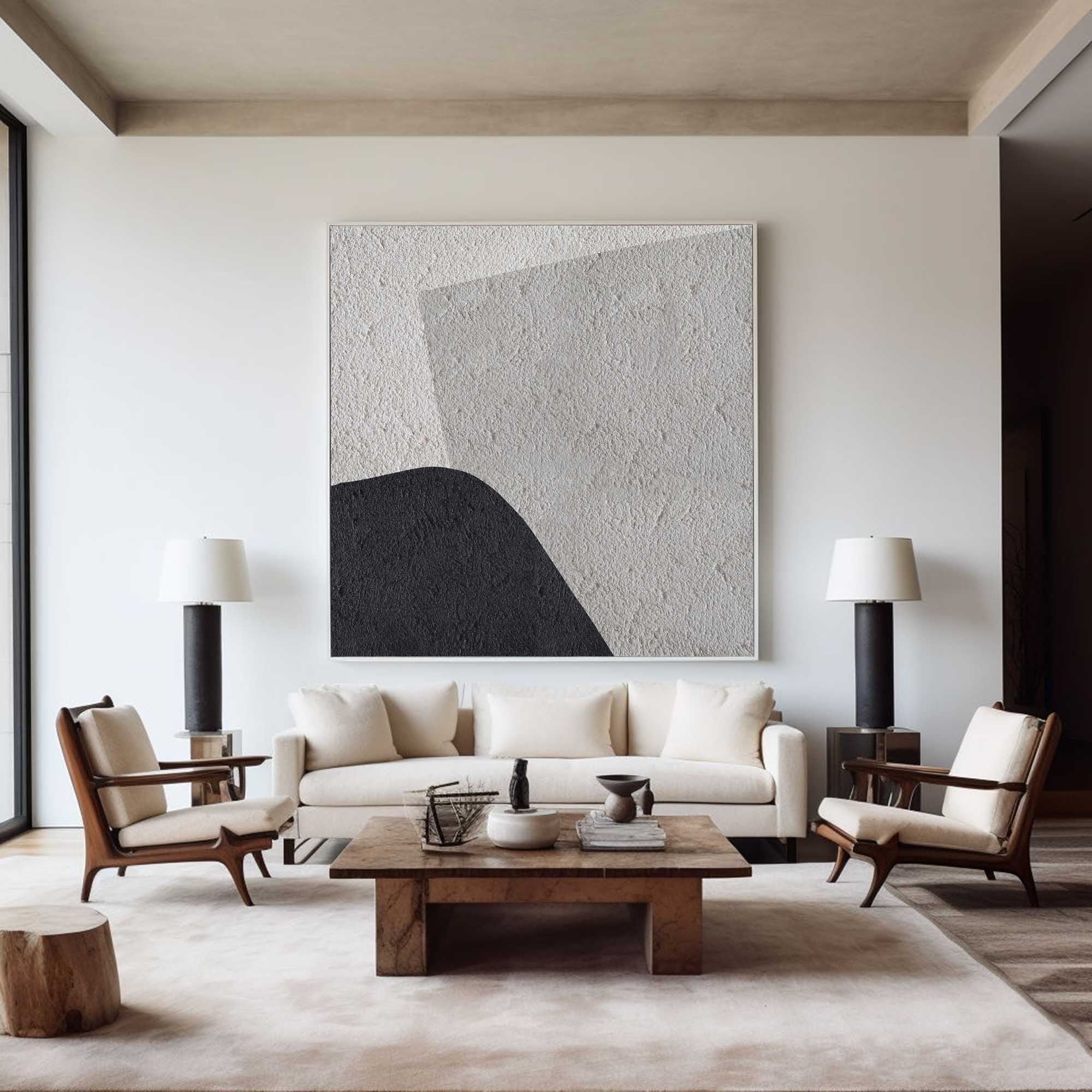 Grey‑Black‑Beige Square Abstract Curved‑Shape Coarse‑Textured Artwork