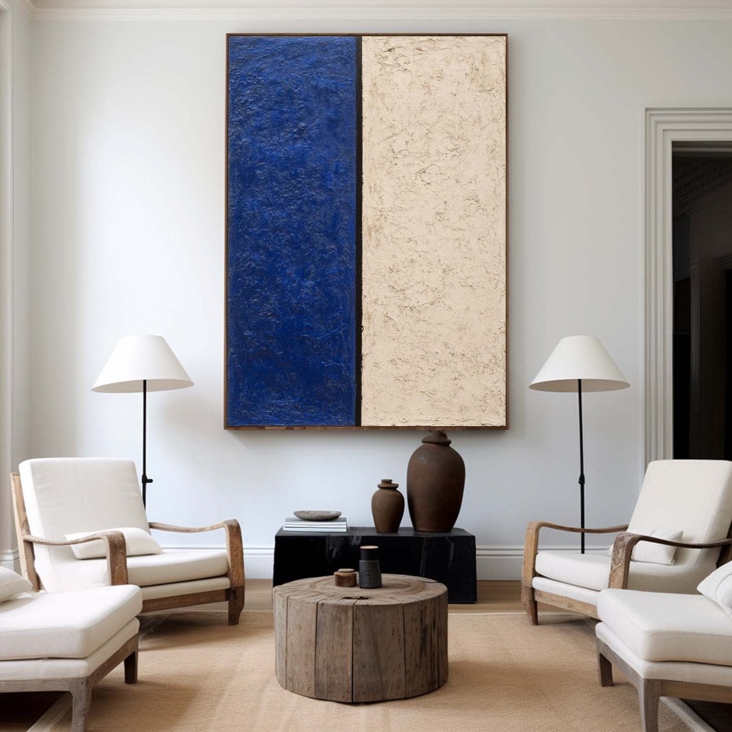 Modern Navy Blue and Beige Abstract Canvas Wall Art Set
