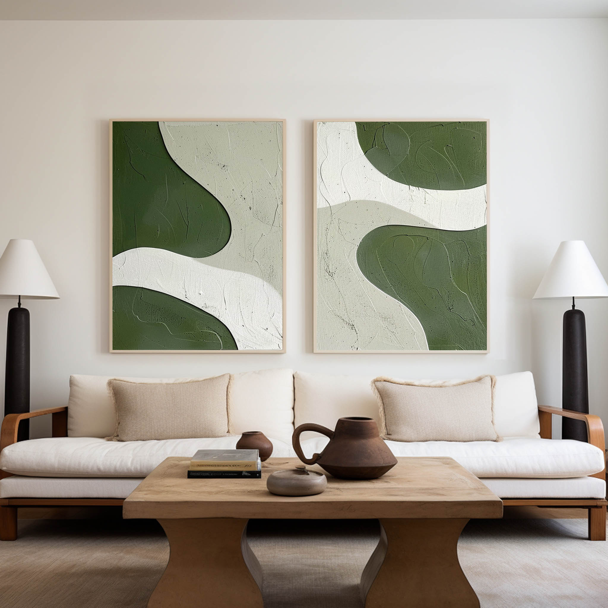 Two‑Panel Green‑White Curved Shape Abstract  Tactile Impasto Textured Artwork