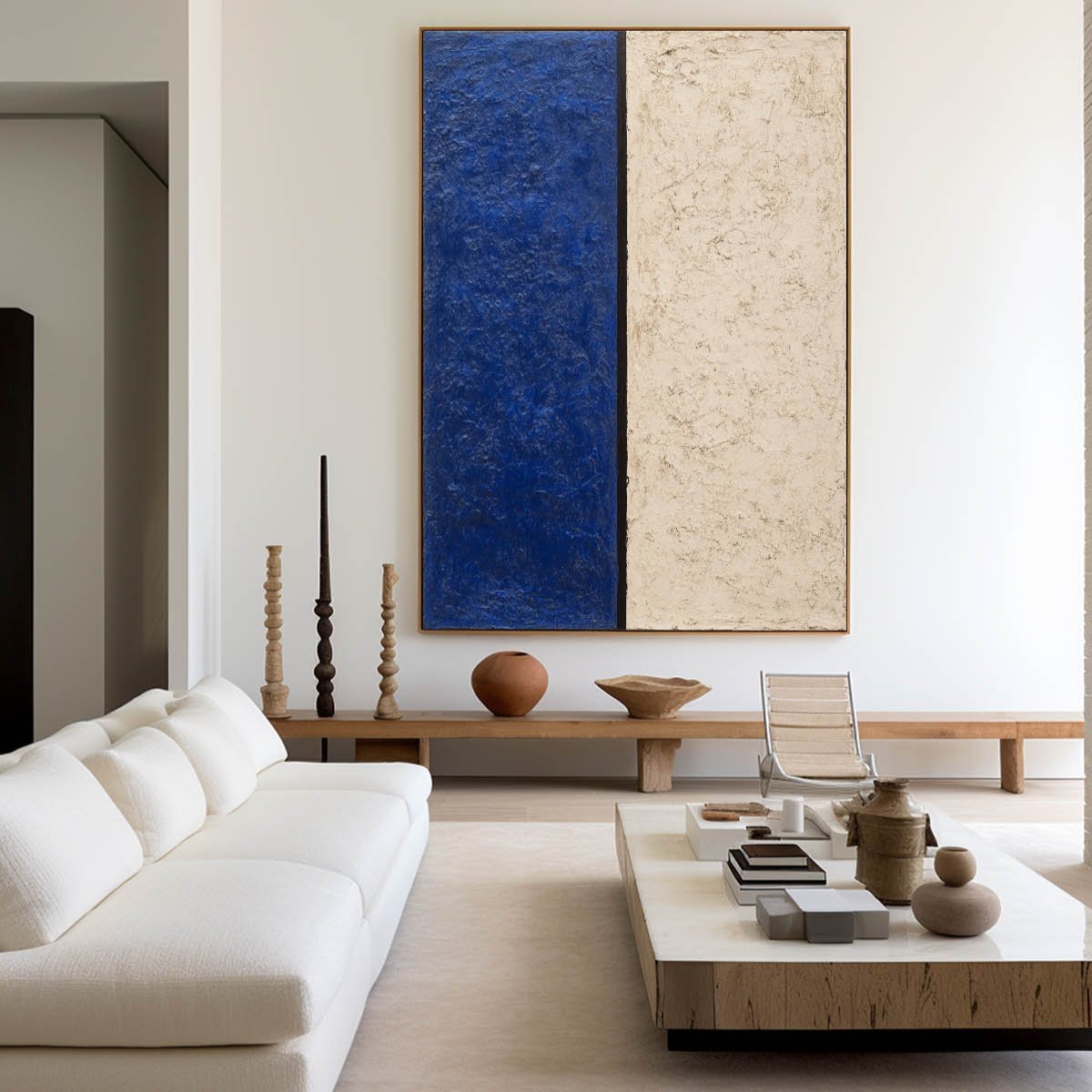 Modern Navy Blue and Beige Abstract Canvas Wall Art Set