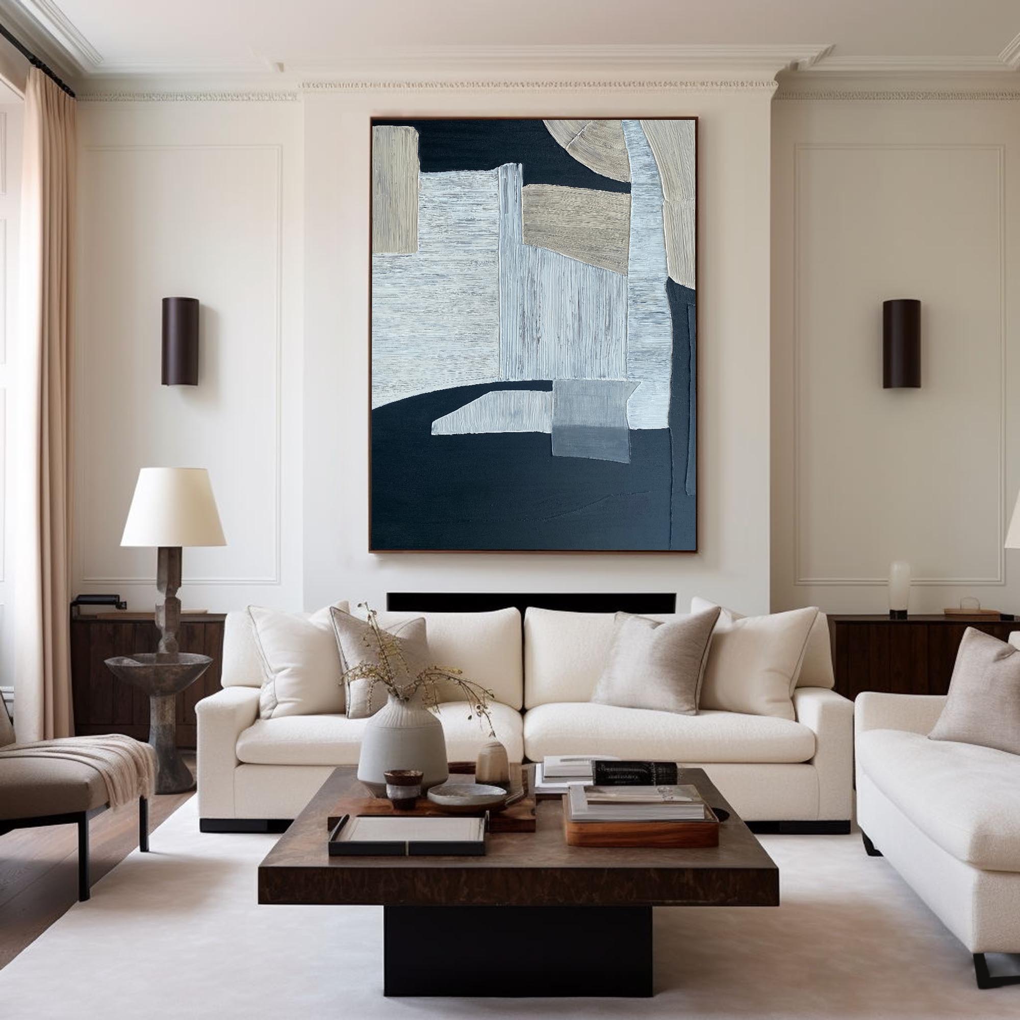 Navy‑Beige‑Grey Vertical Patch‑Block Impasto‑Textured Artwork