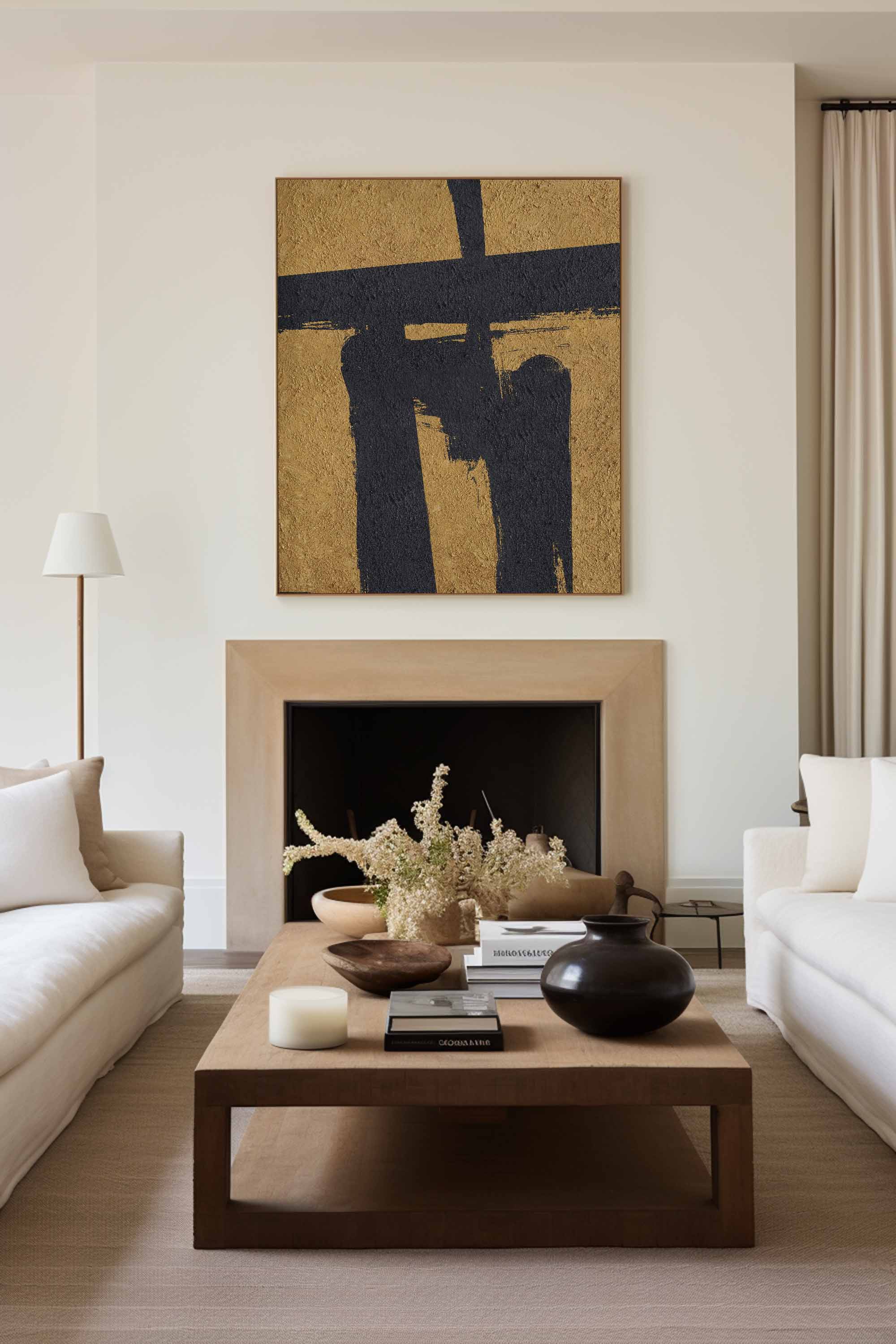 Gold‑Black Vertical Abstract Bold‑Brush‑Shape Rugged‑Tactile‑Textured Artwork