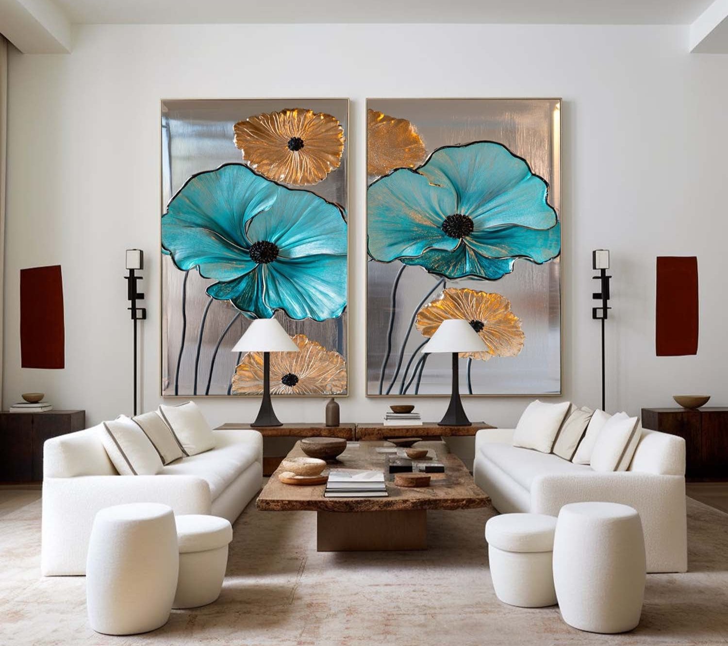 Teal and Gold Floral Canvas Wall Art Set