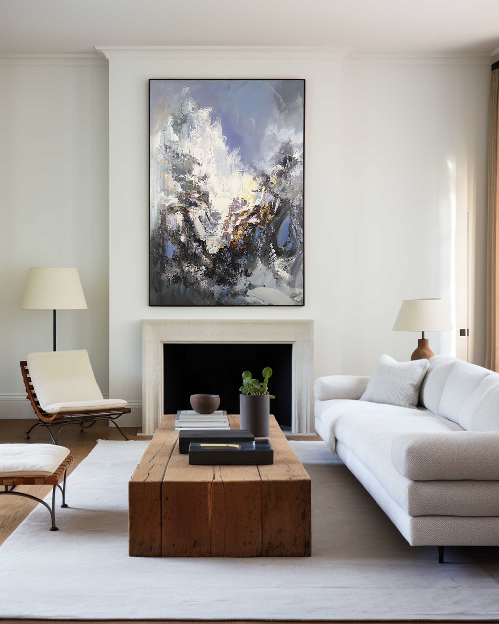 Blue‑White‑Gold Mountain‑Landscape Abstract Heavy Impasto‑Texture Artwork