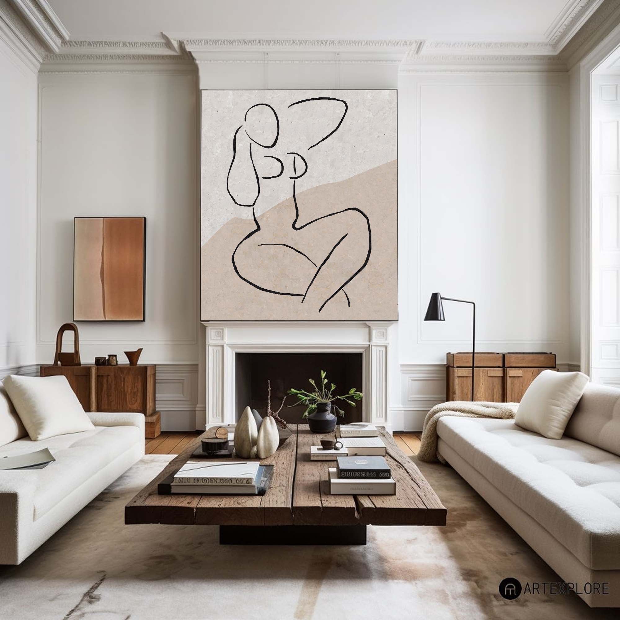 Minimalist Beige Black Line Art Figure Painting