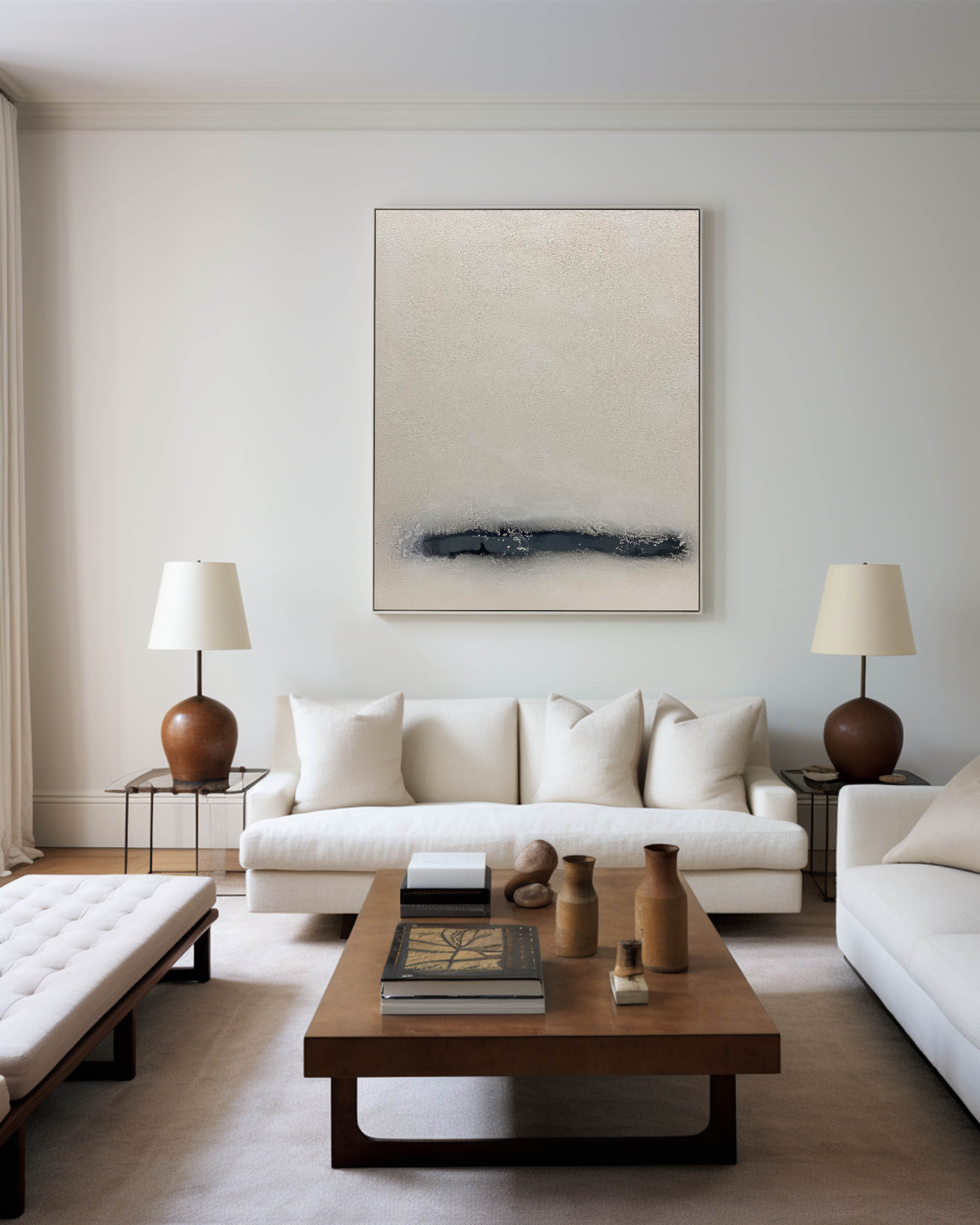 Beige‑Charcoal Vertical Streak‑Band Impasto‑Textured Artwork
