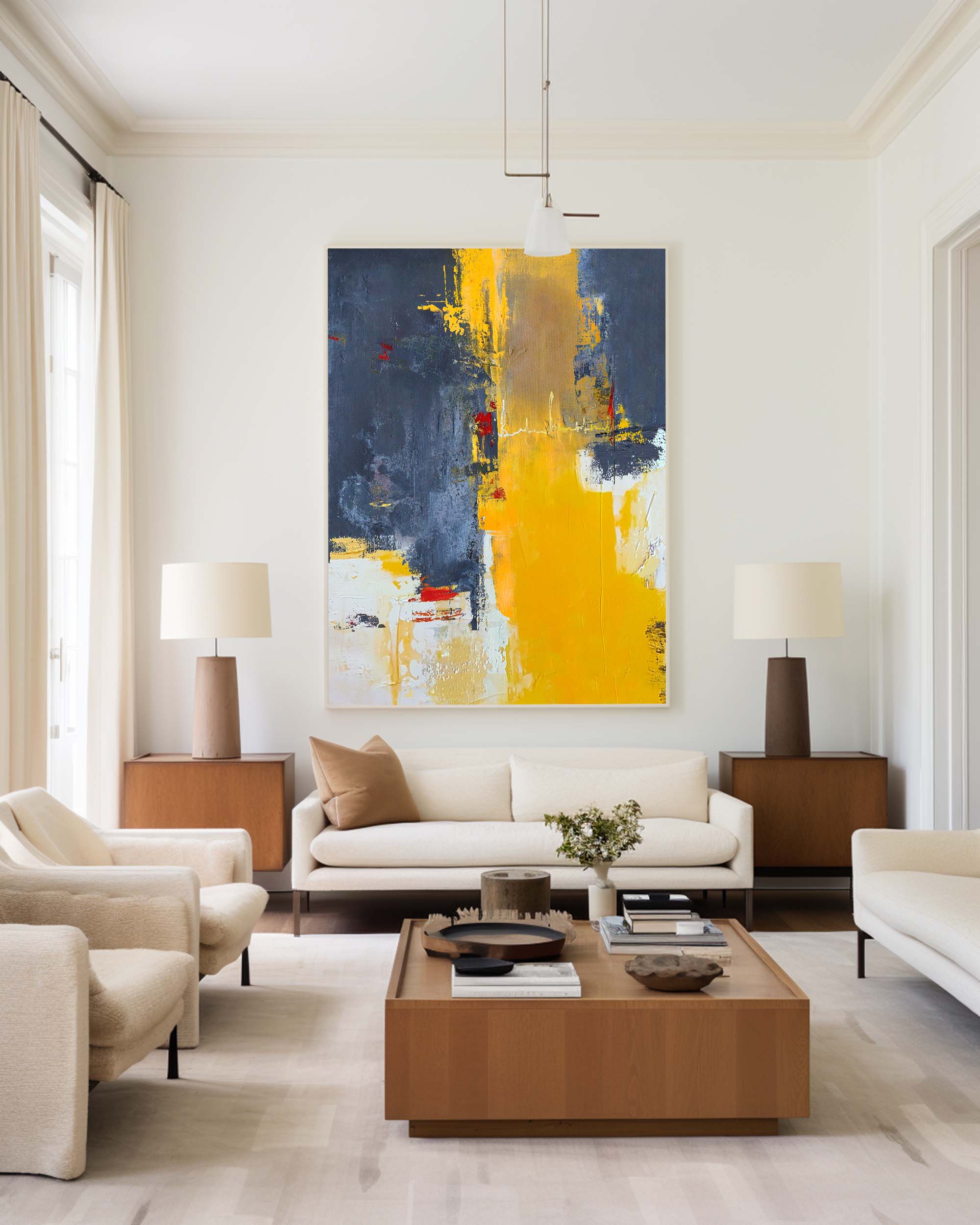 Bold Yellow‑Grey Abstract Vertical Canvas Art