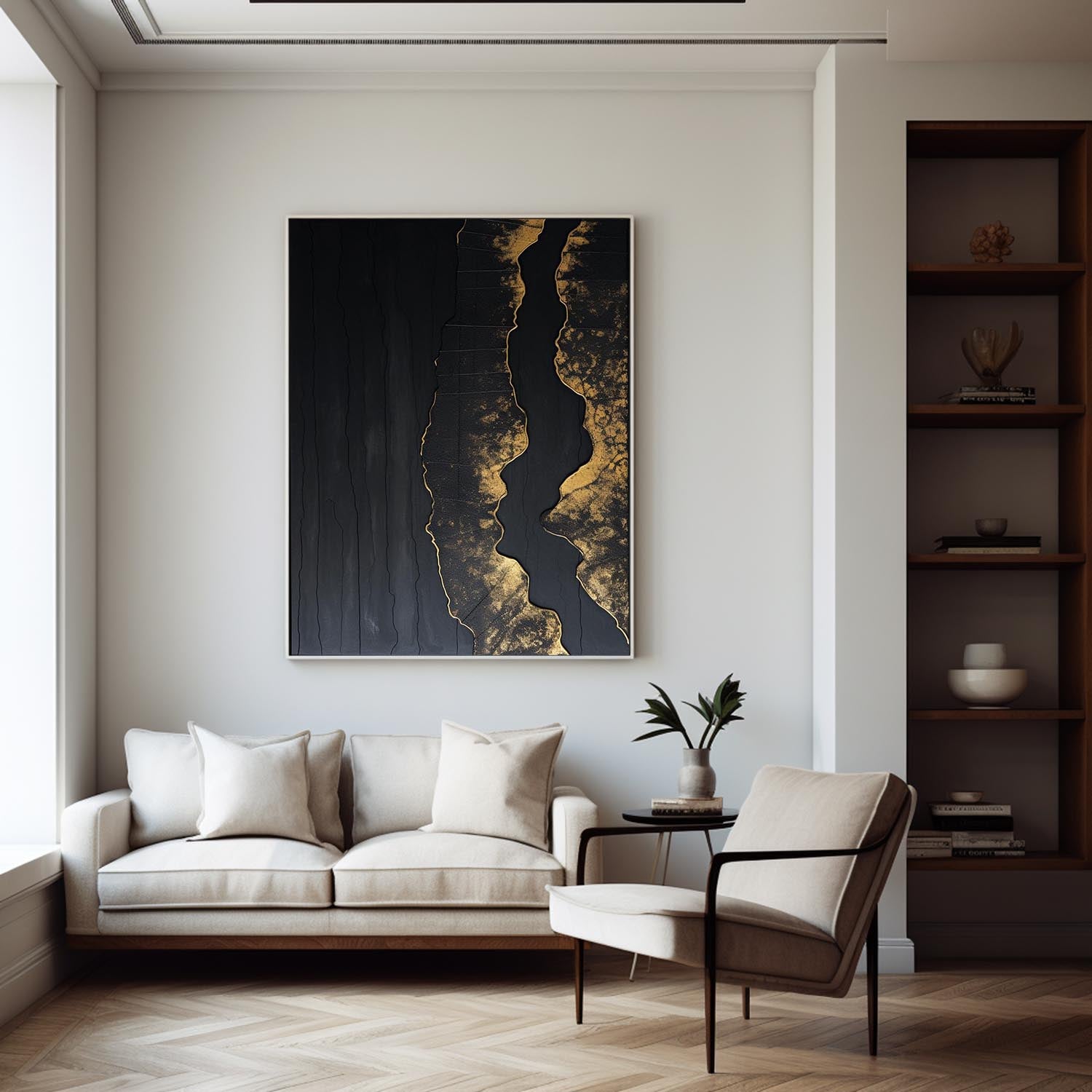Elegant Black‑Gold Streak Abstract  Metallic‑Foil Layered Impasto Textured Artwork