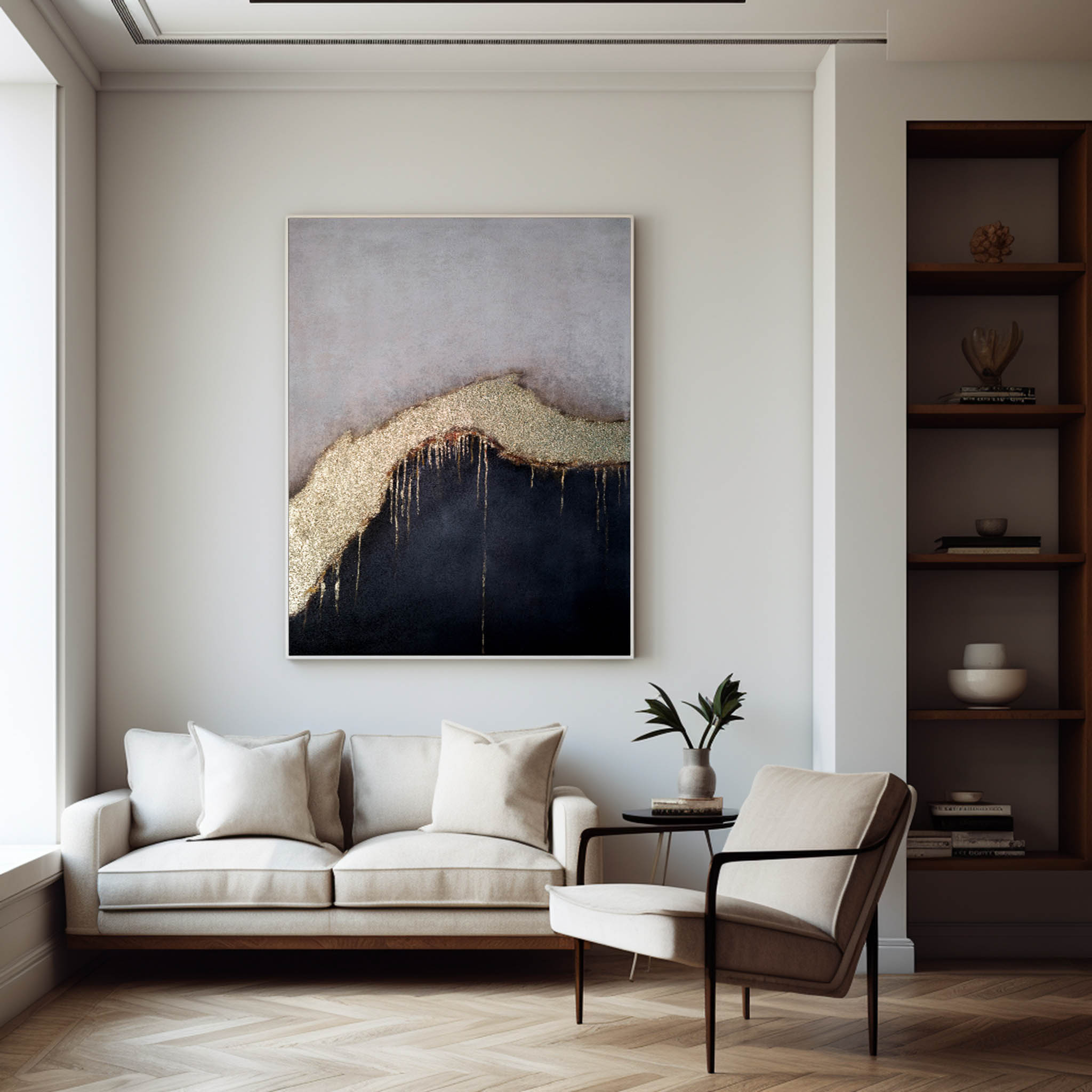 Grey‑Black Vertical Gold‑Drip Metallic Abstract Textured Artwork