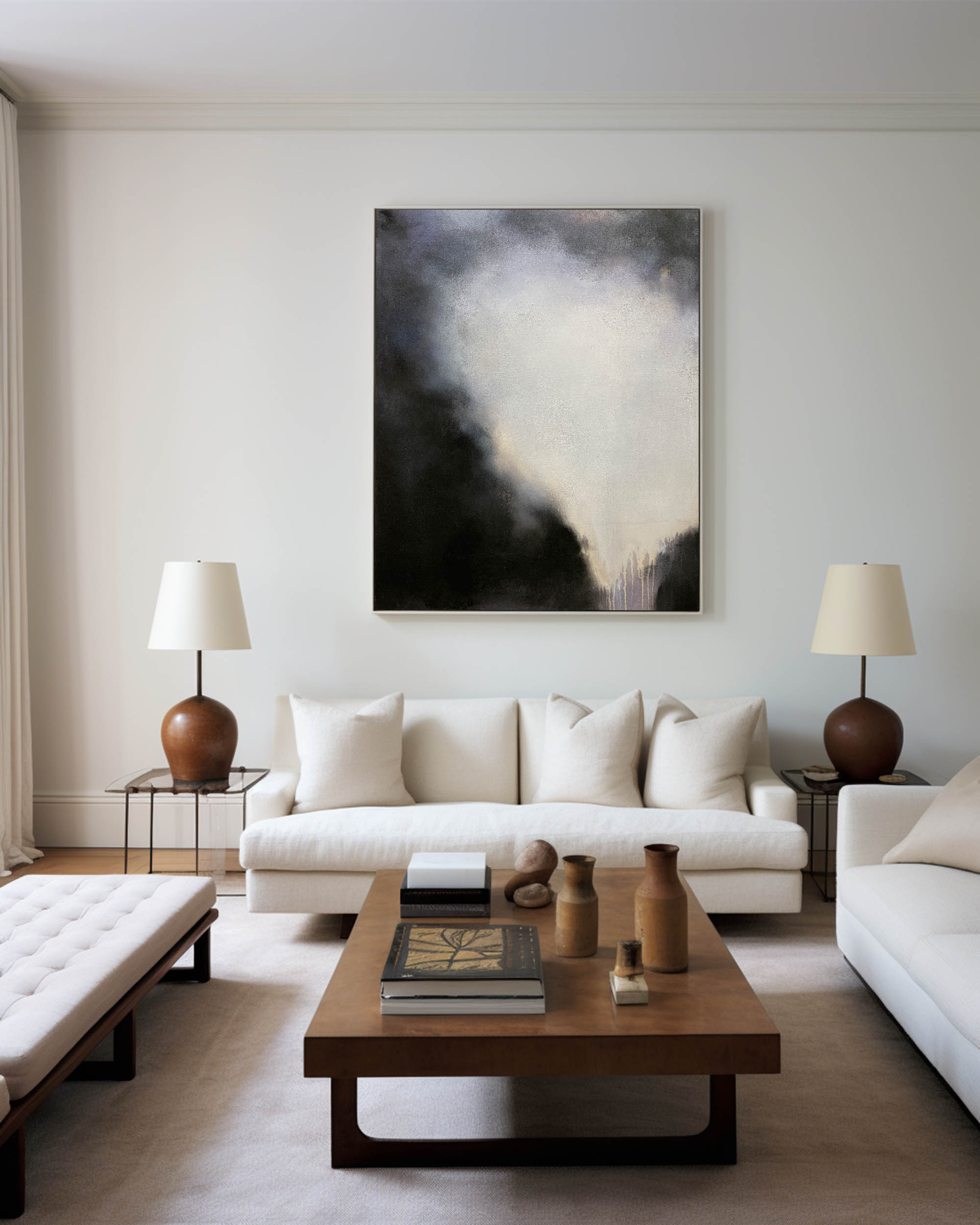 Black‑Off‑White Vertical Mist‑Blend Impasto‑Textured Artwork