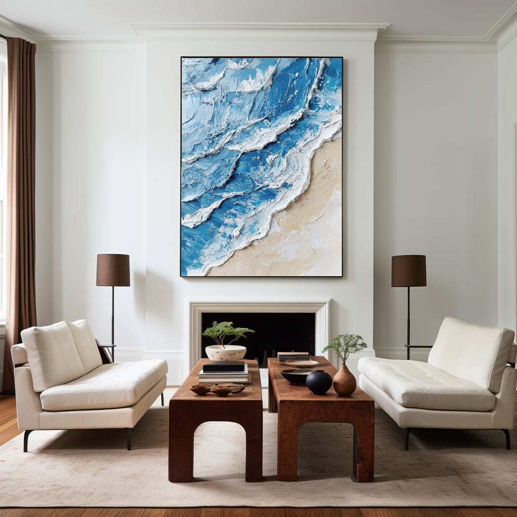 Seashore Wave Abstract Blue‑Beige Palette Heavy Raised Tactile Textured Artwork