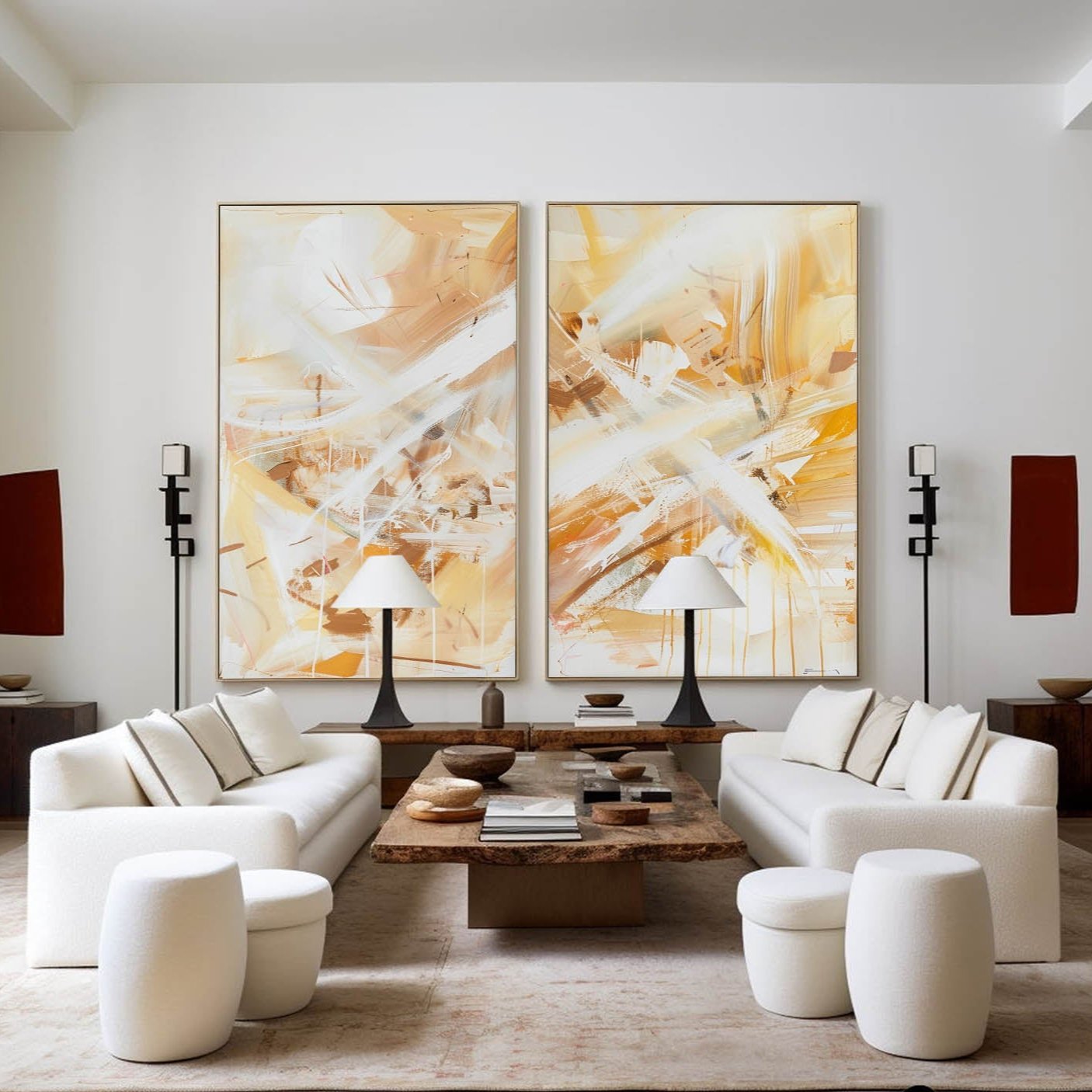 Warm Ochre Brushstroke Diptych Canvas Set
