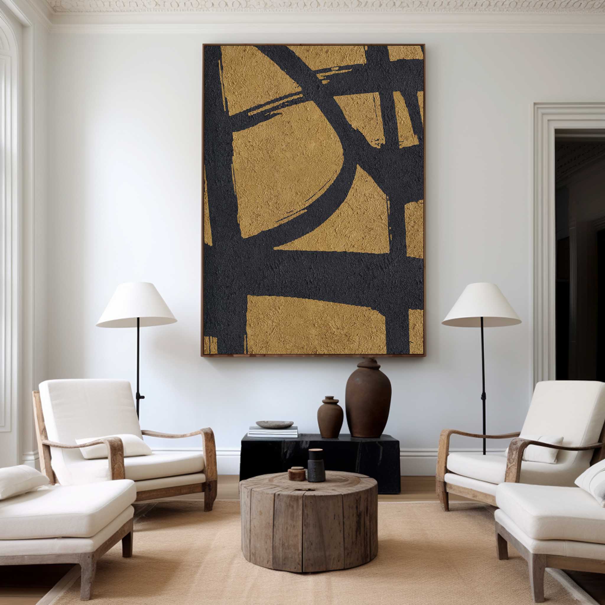 Gold‑Black Vertical Abstract Intersecting‑Line Coarse‑Textured Artwork