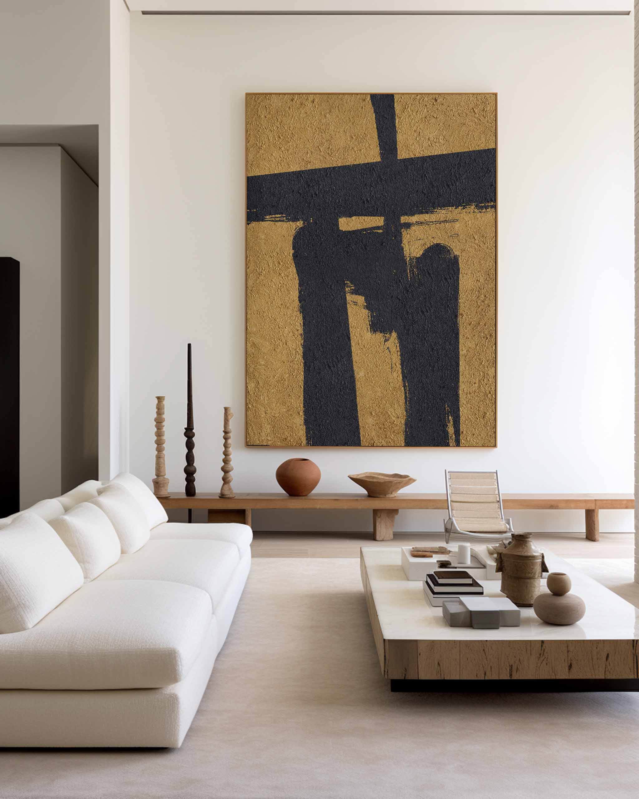 Gold‑Black Vertical Abstract Bold‑Brush‑Shape Rugged‑Tactile‑Textured Artwork