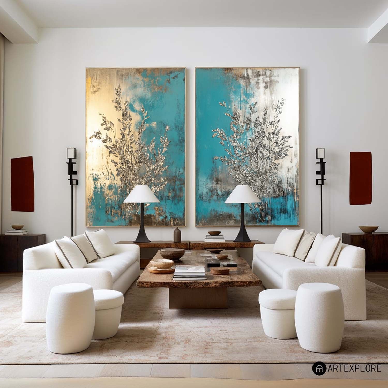 Teal Gold Abstract Diptych Textured Painting