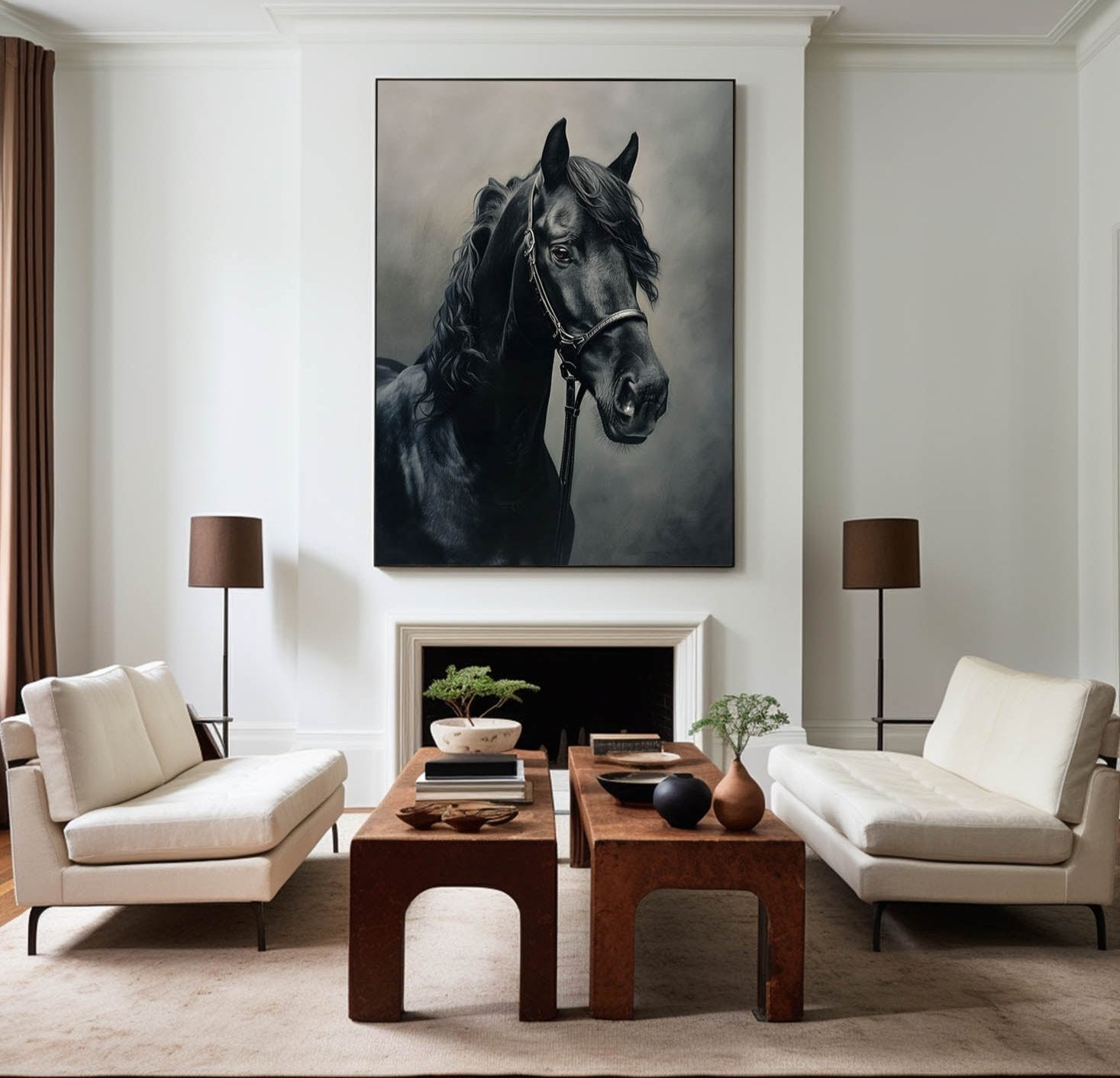 Lifelike Black Horse Portrait Dark‑Tone Realistic Detailed Textured Artwork