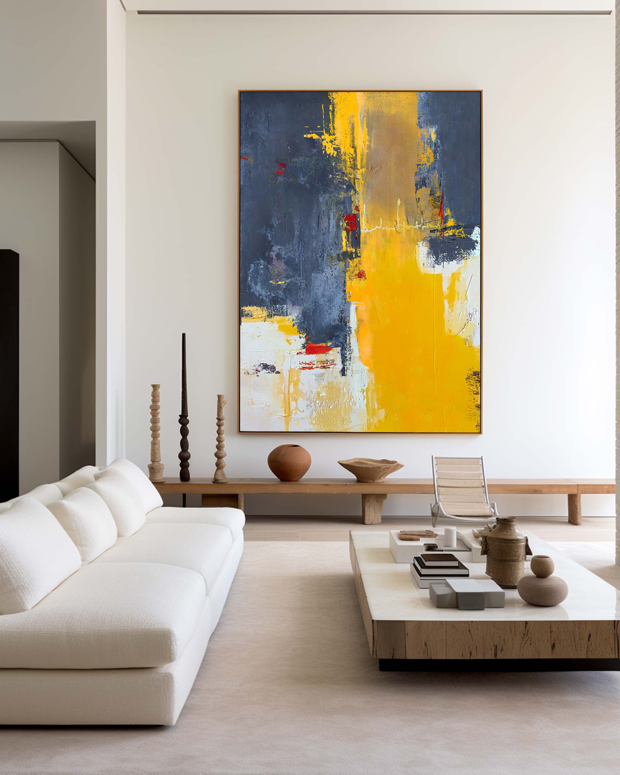 Bold Yellow‑Grey Abstract Vertical Canvas Art