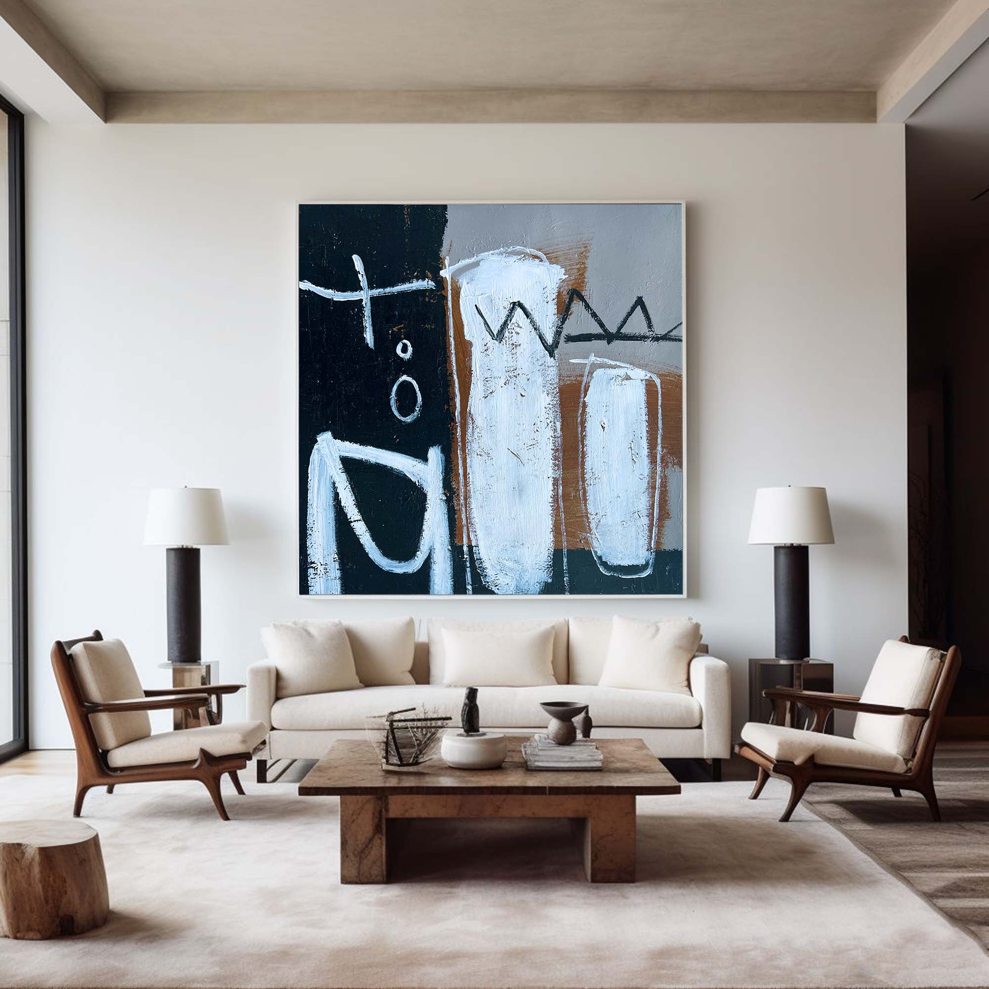 Black‑White‑Rust Square Primitive‑Mark Impasto‑Textured Artwork