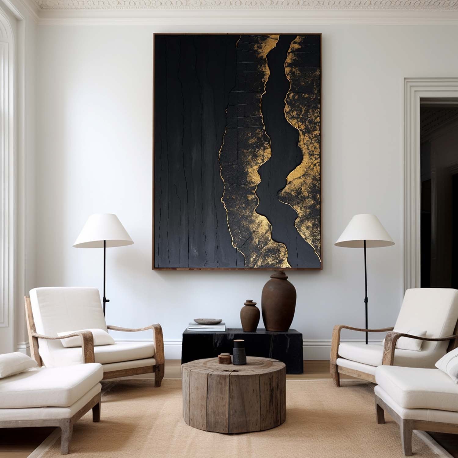 Elegant Black‑Gold Streak Abstract  Metallic‑Foil Layered Impasto Textured Artwork