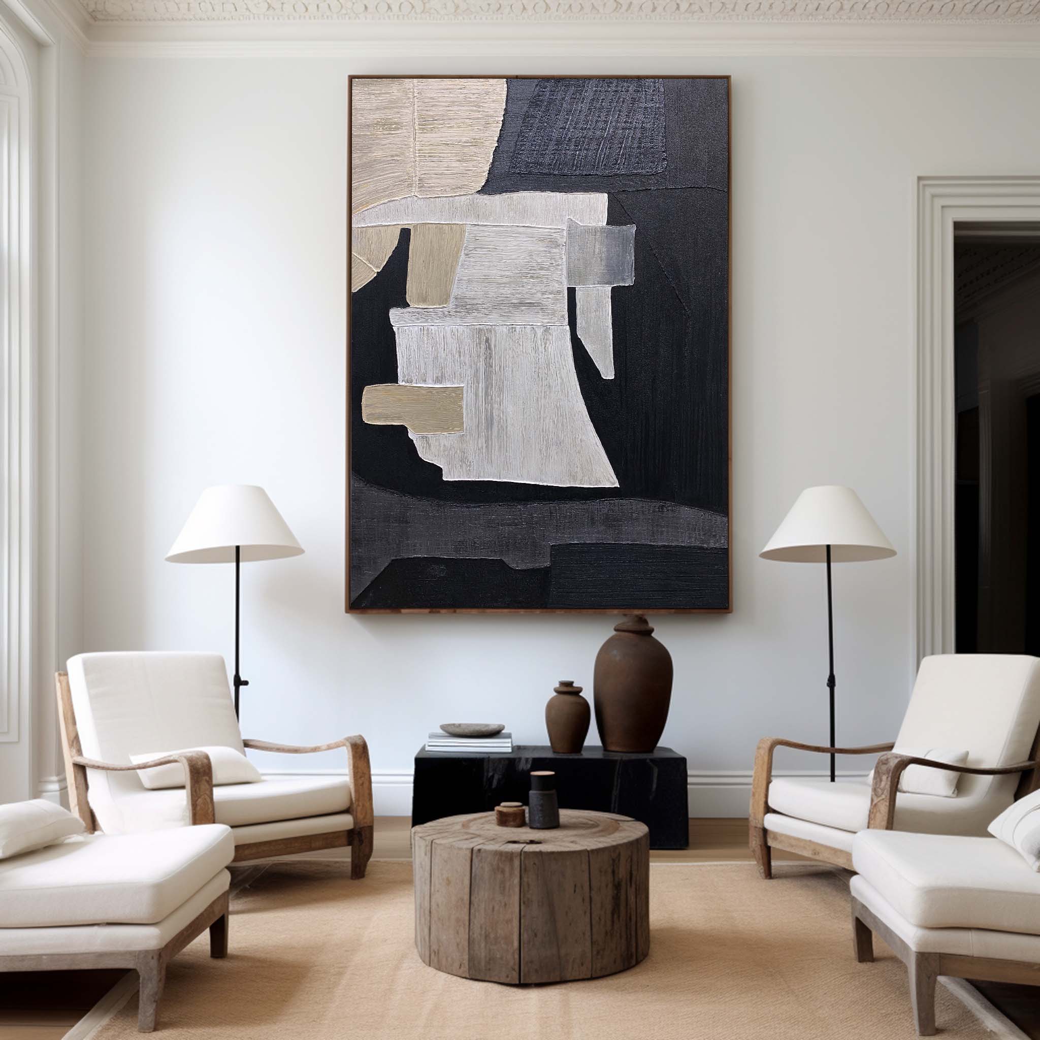 Black‑Beige‑Cream Vertical Patch‑Collage Impasto‑Textured Artwork