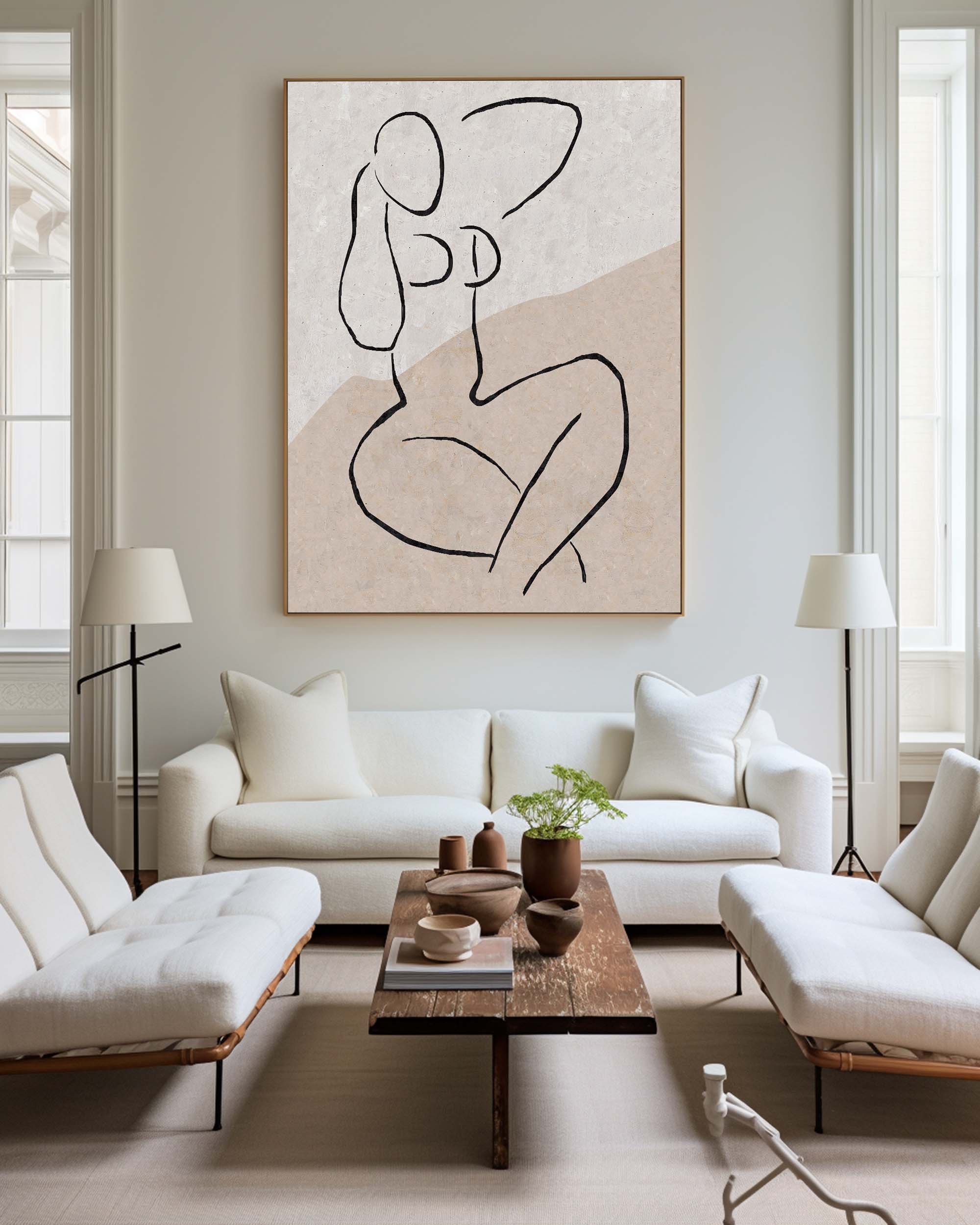Minimalist Beige Black Line Art Figure Painting