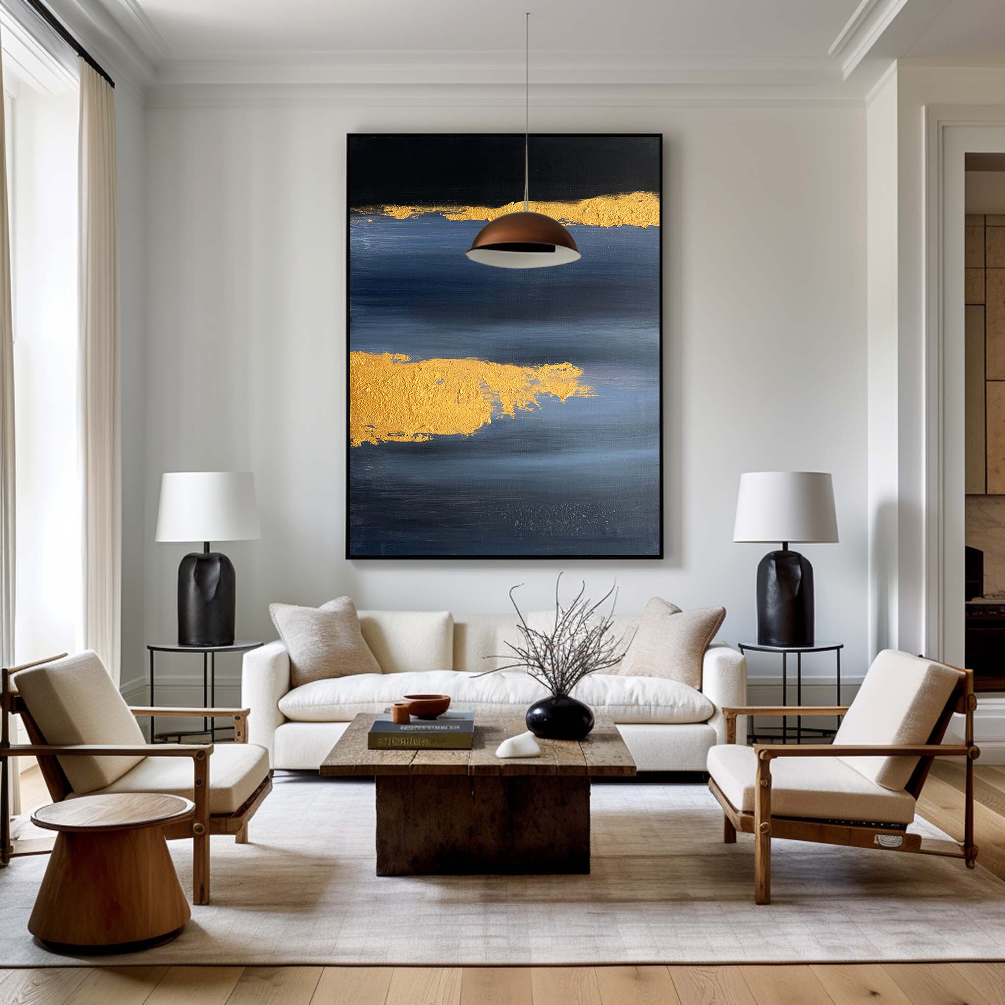 Metallic Gold Foil Deep Blue Abstract Linen Canvas Wall Hanging