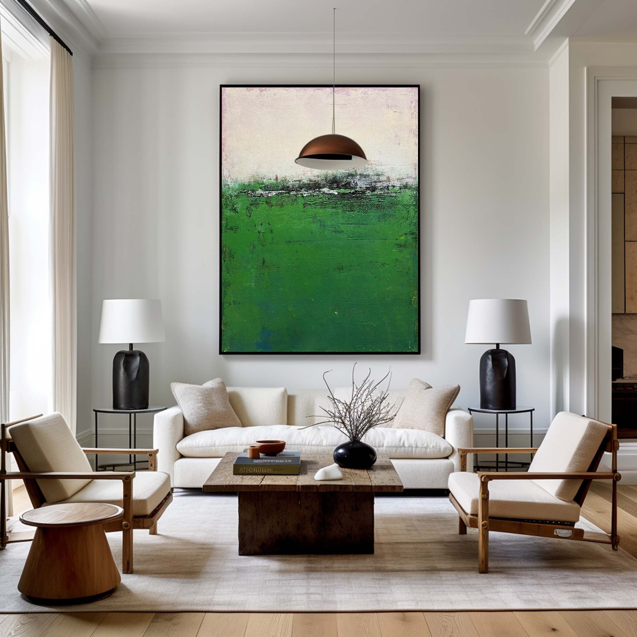 Minimalist Green White Abstract Landscape Oil Painting