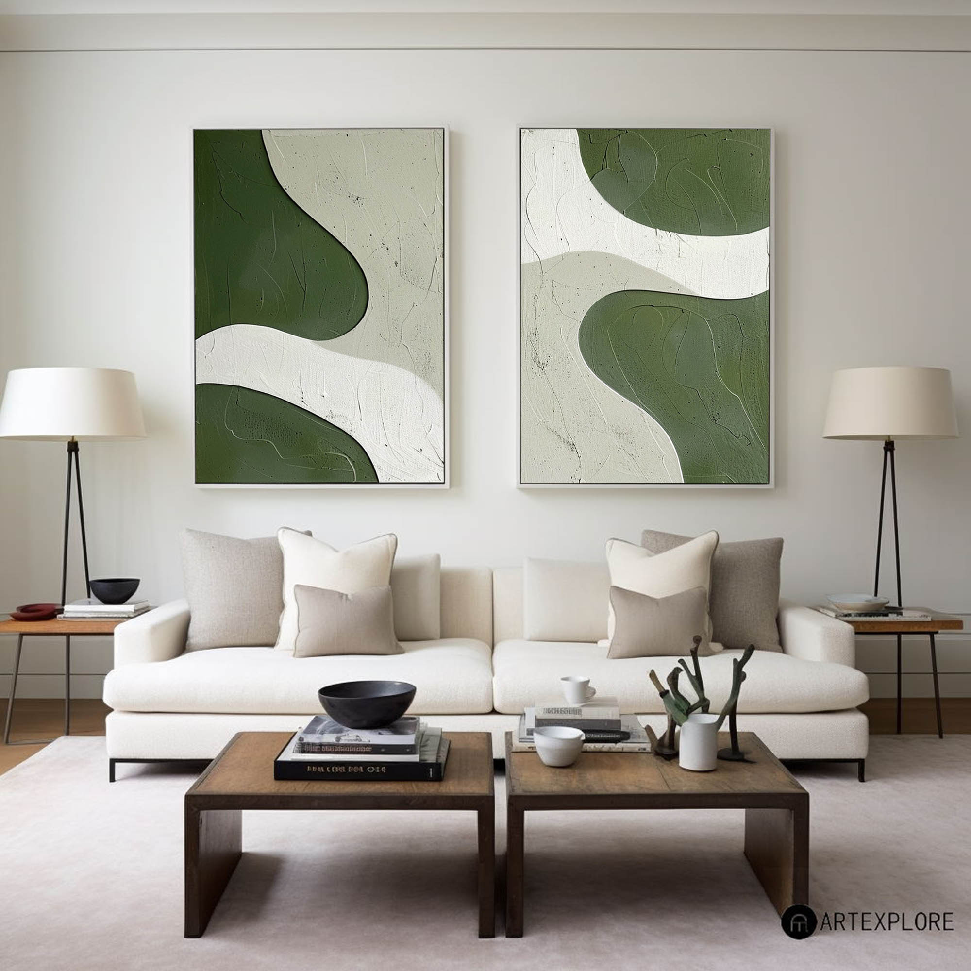 Two‑Panel Green‑White Curved Shape Abstract  Tactile Impasto Textured Artwork