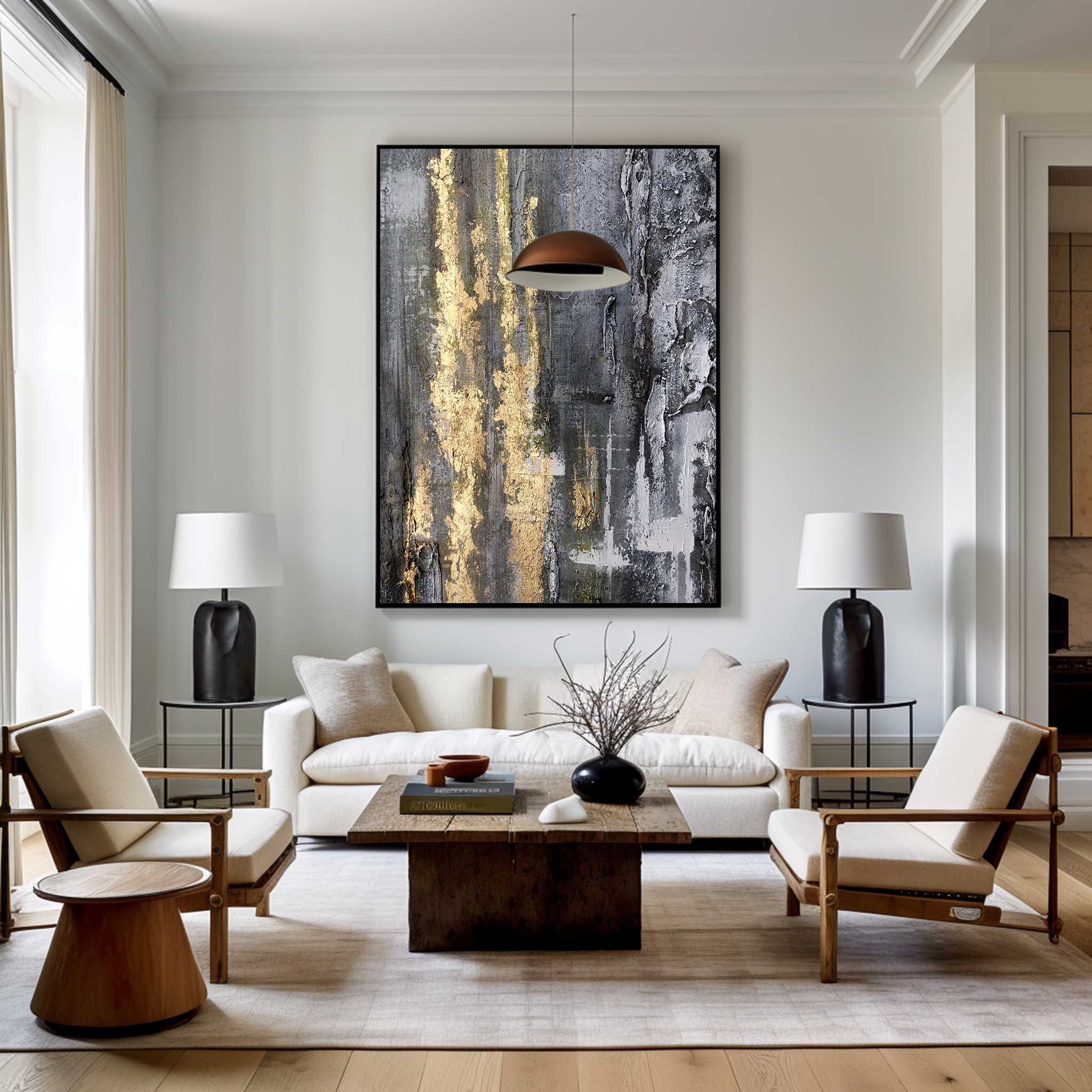 Black‑Grey Vertical Gold‑Foil Impasto Textured Abstract Artwork