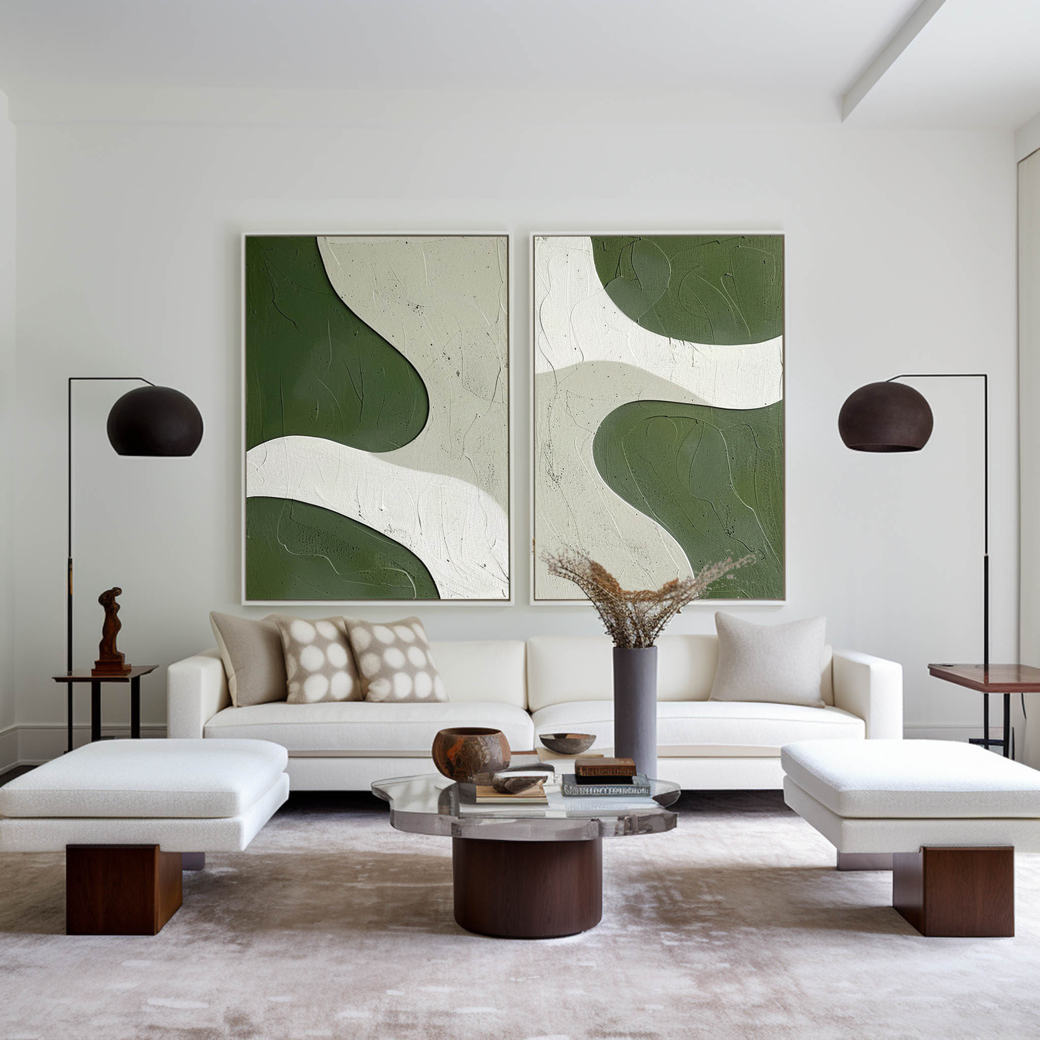 Two‑Panel Green‑White Curved Shape Abstract  Tactile Impasto Textured Artwork