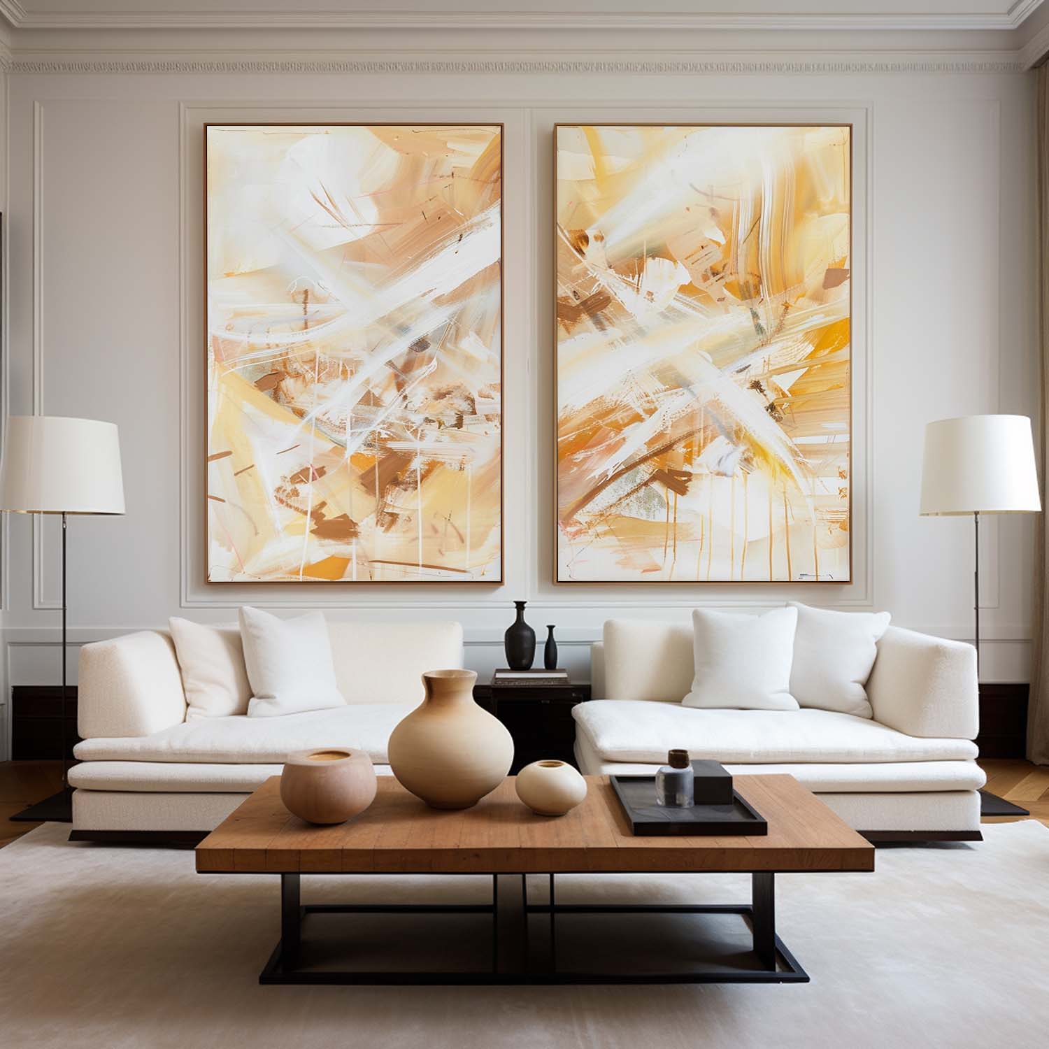Warm Ochre Brushstroke Diptych Canvas Set