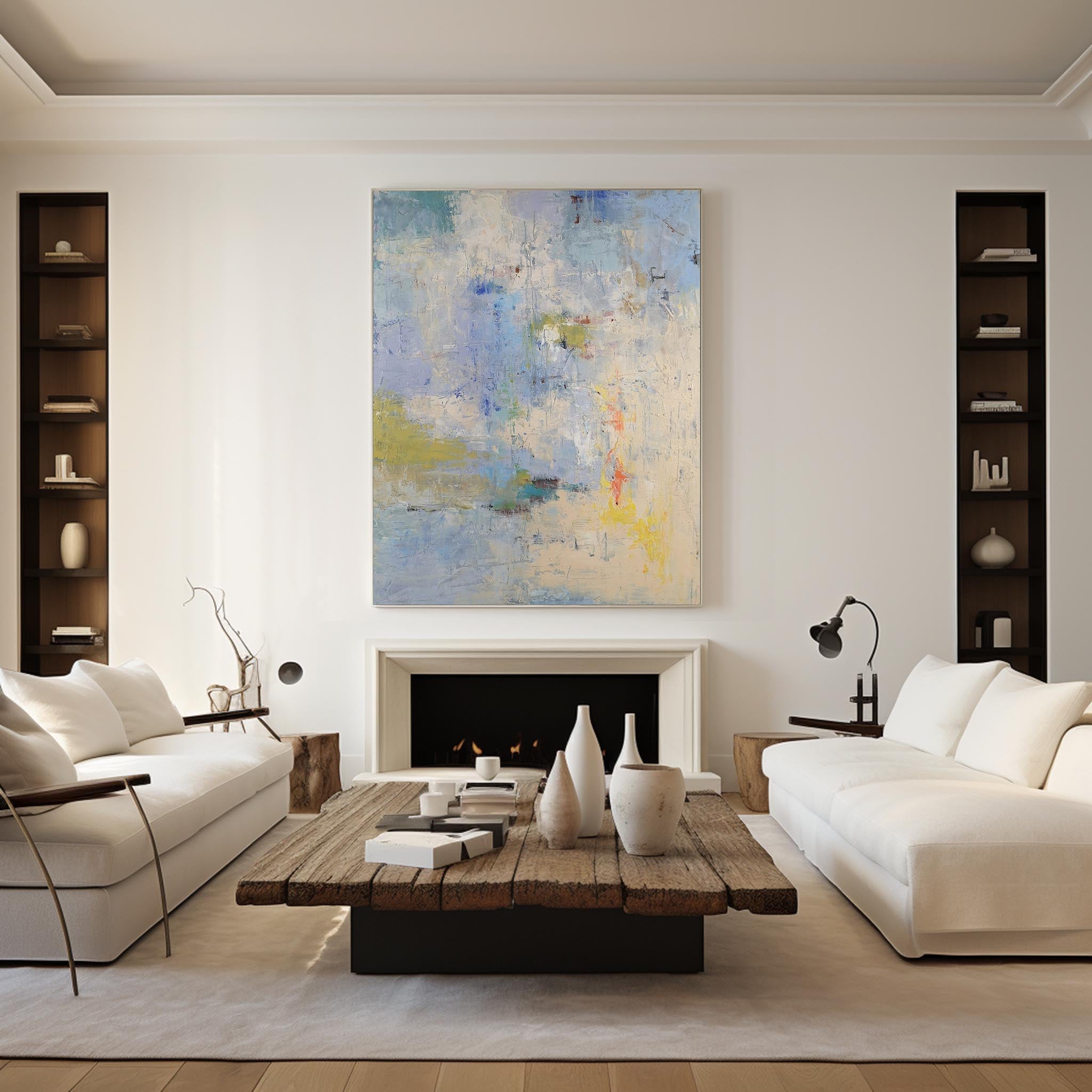 Sky‑Blue Cream‑Yellow Square Soft‑Blend Impasto Textured Artwork