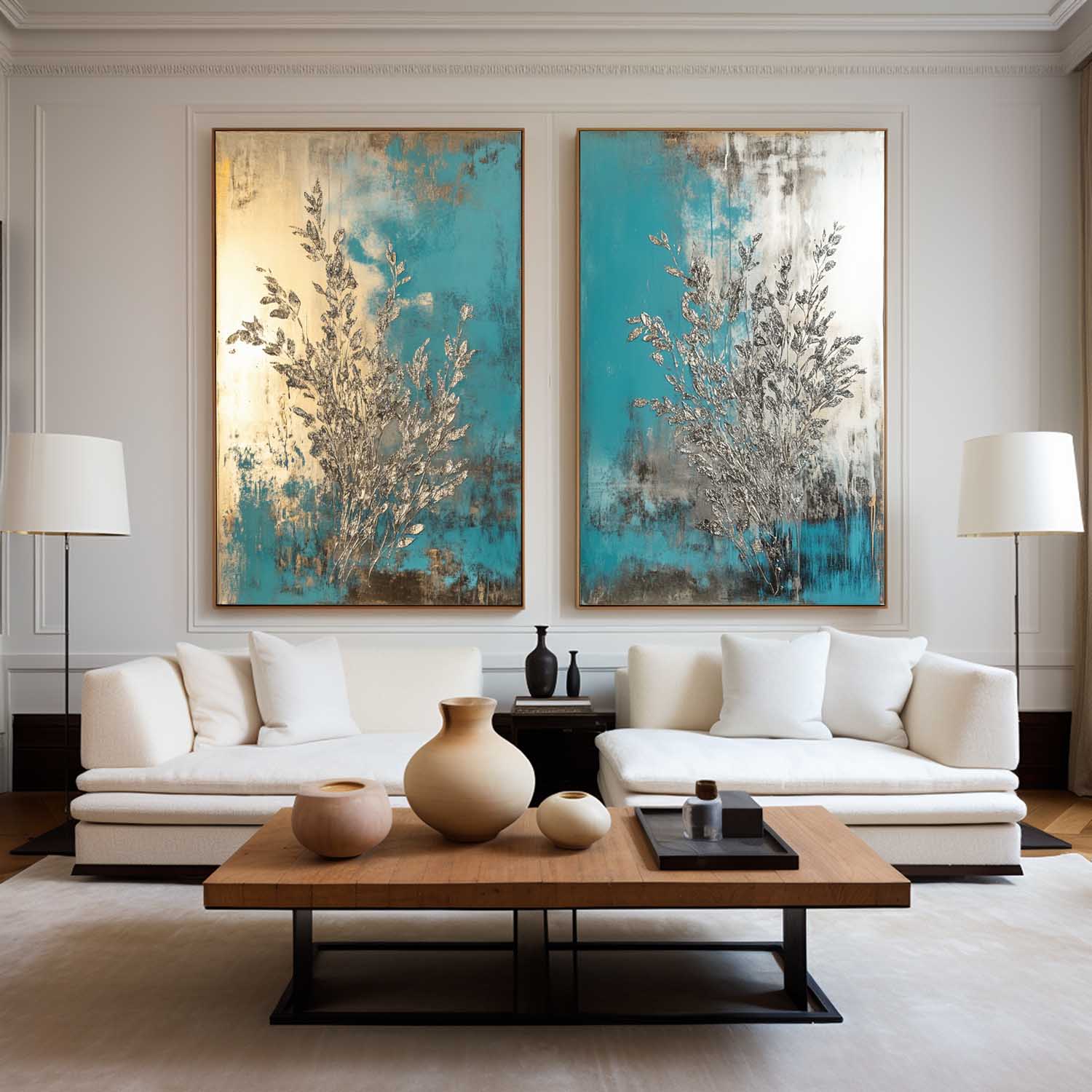 Teal Gold Abstract Diptych Textured Painting
