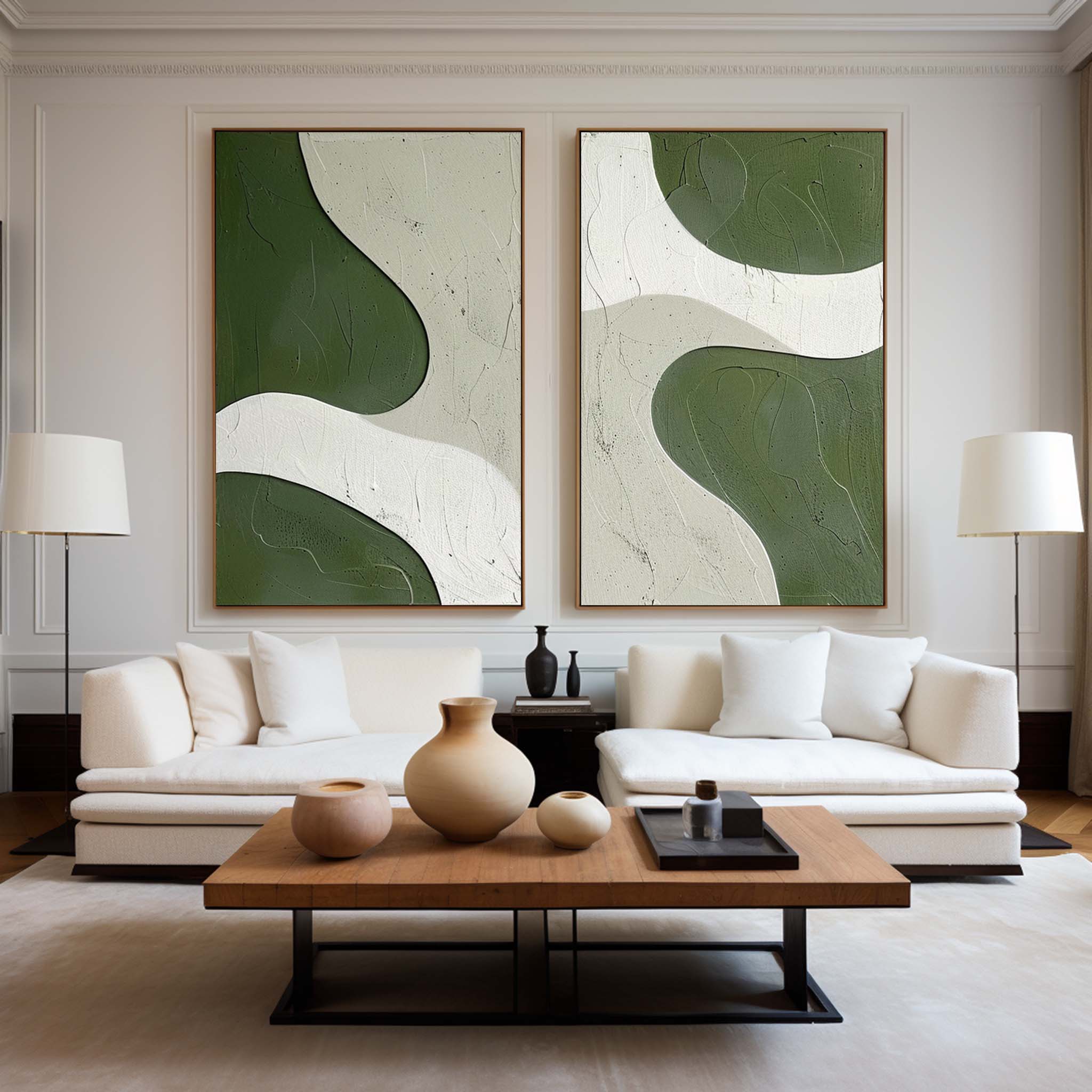 Two‑Panel Green‑White Curved Shape Abstract  Tactile Impasto Textured Artwork