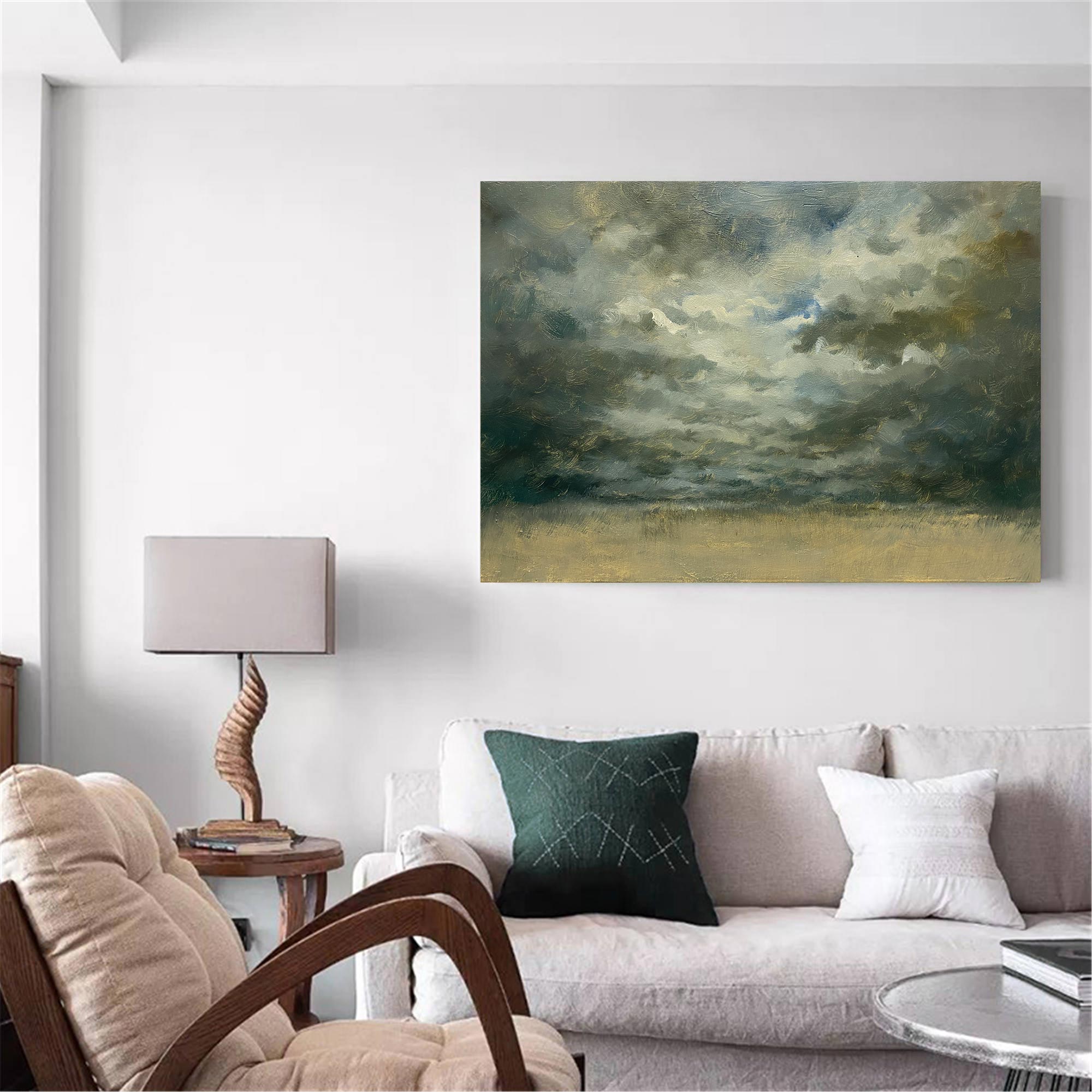 Abstract Stormy Sky Gold Horizon Oil Acrylic Linen Canvas Painting