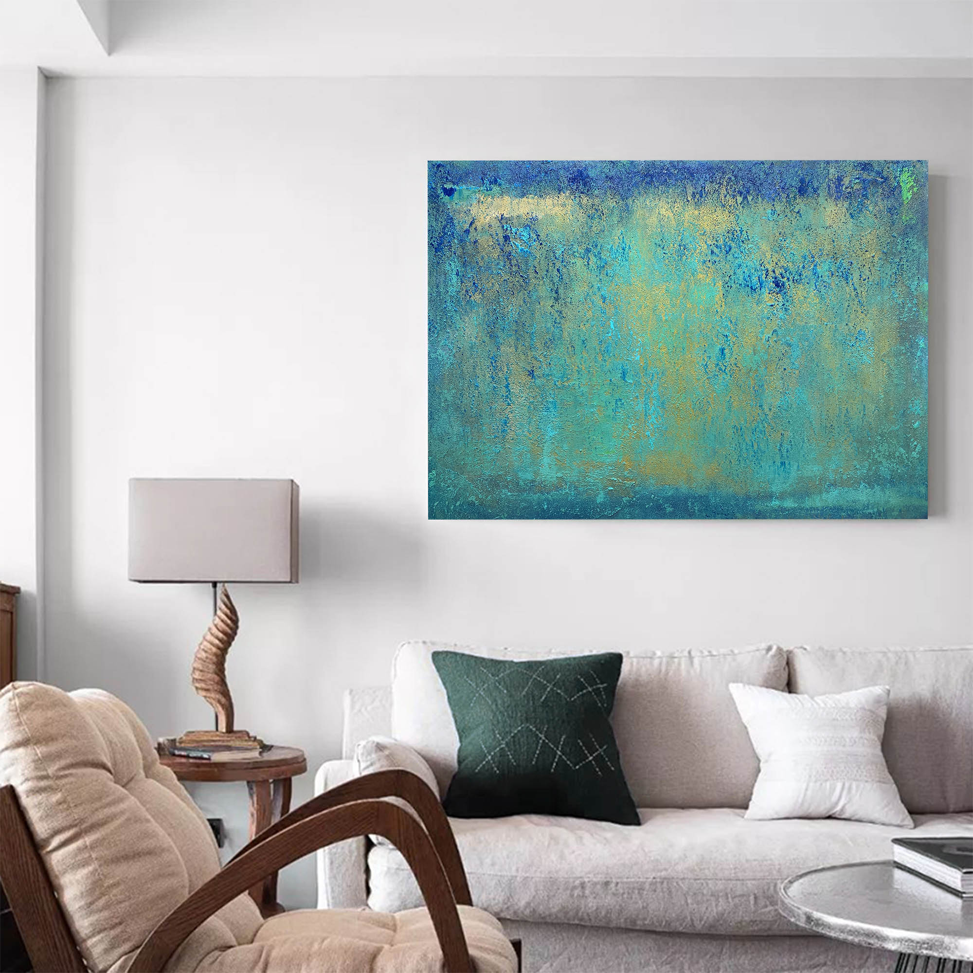 Turquoise Horizon Textured Abstract Unstretched Linen Canvas Wall Art