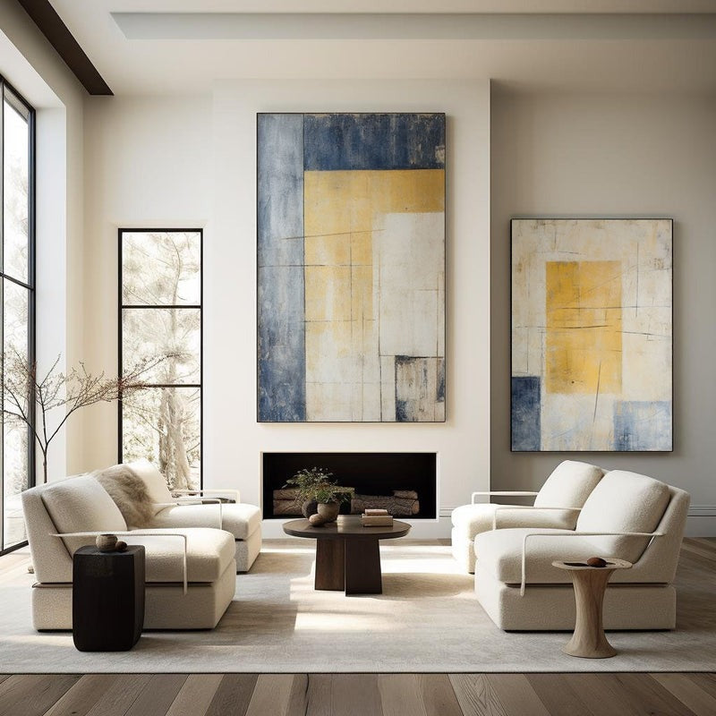 Diptych Yellow Blue Geometric Painting