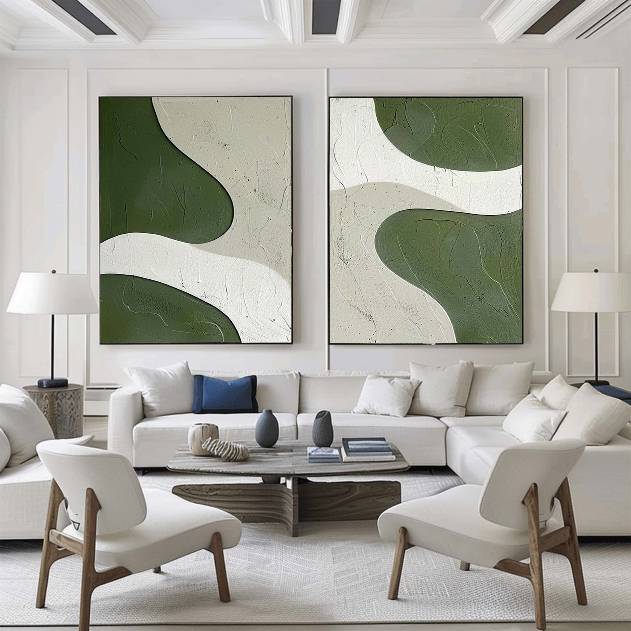 Two‑Panel Green‑White Curved Shape Abstract  Tactile Impasto Textured Artwork