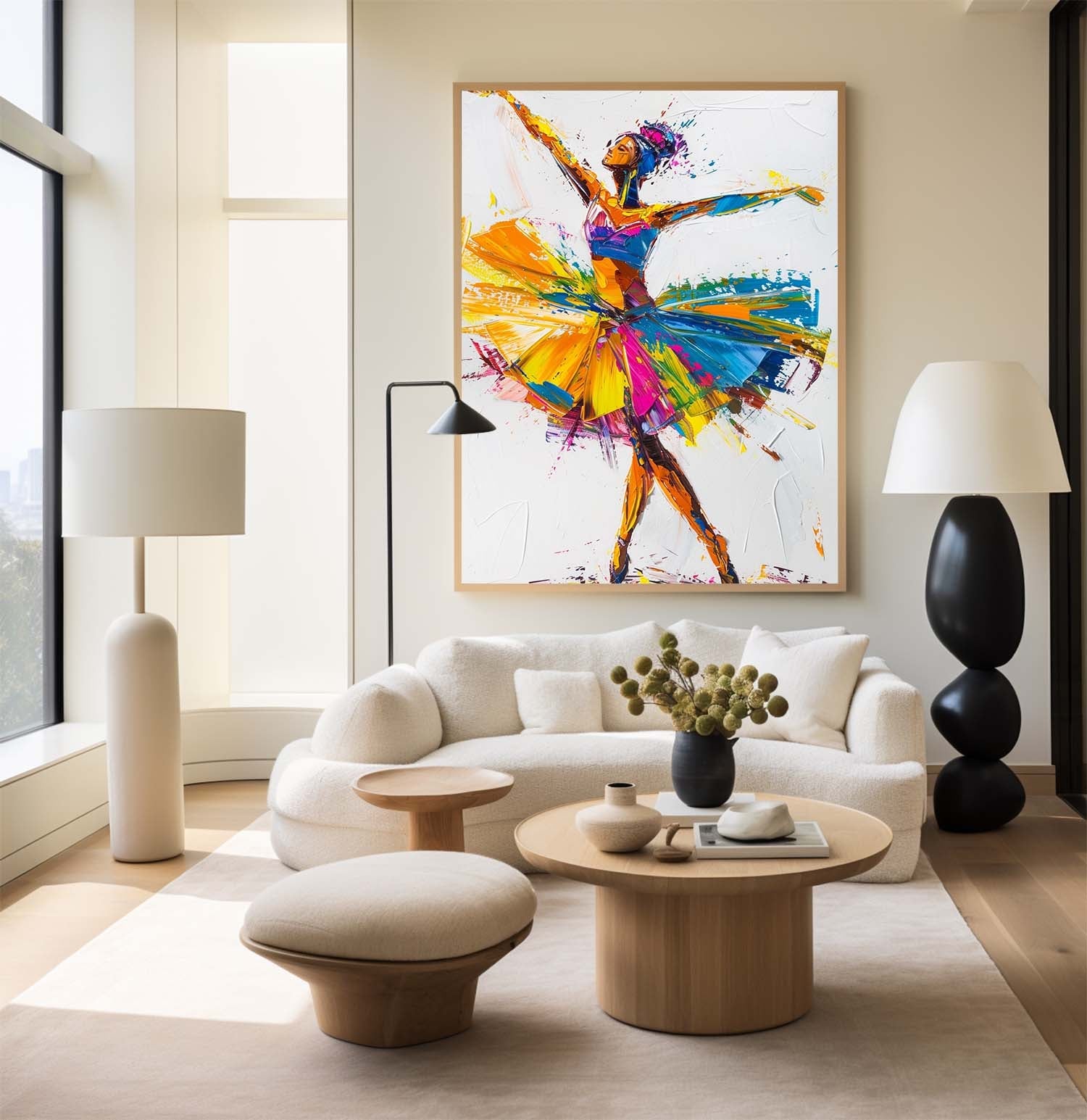 Vibrant Ballet Dancer Figure Splash‑Color Dynamic Brushstroke Textured Artwork
