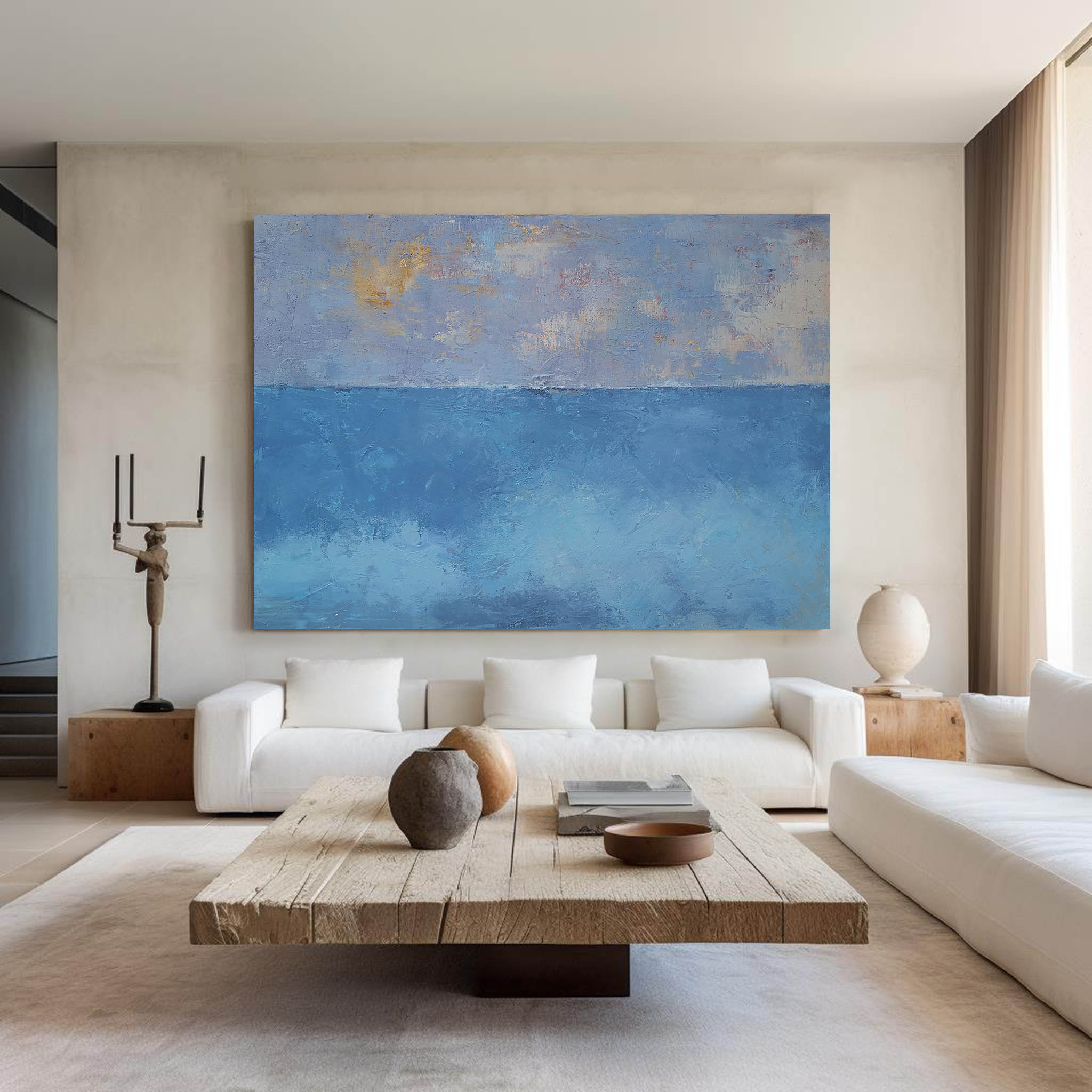 Blue‑Gold Sky‑Ocean Seascape Abstract  Thick Tactile‑Texture Artwork