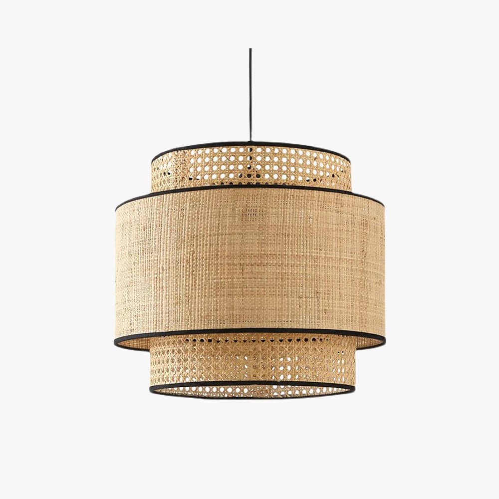 Ritta Wabi Sabi Tri-Layer Cylindrical Rattan/Metal Pendant Light, Wooden - Neutralighting