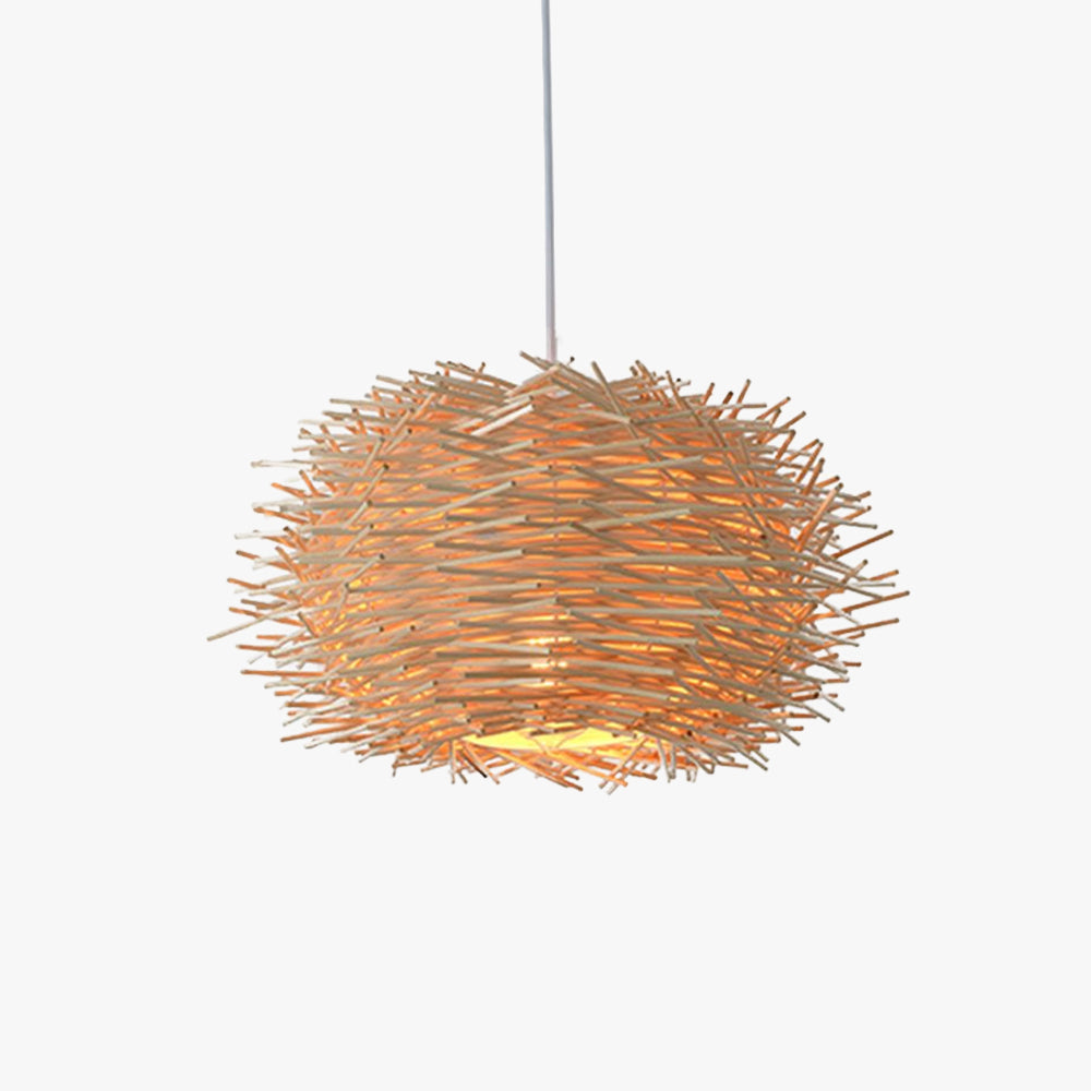 Muto Wooden Bird Nest Rattan Pendant Light, Brown/Wood - Neutralighting