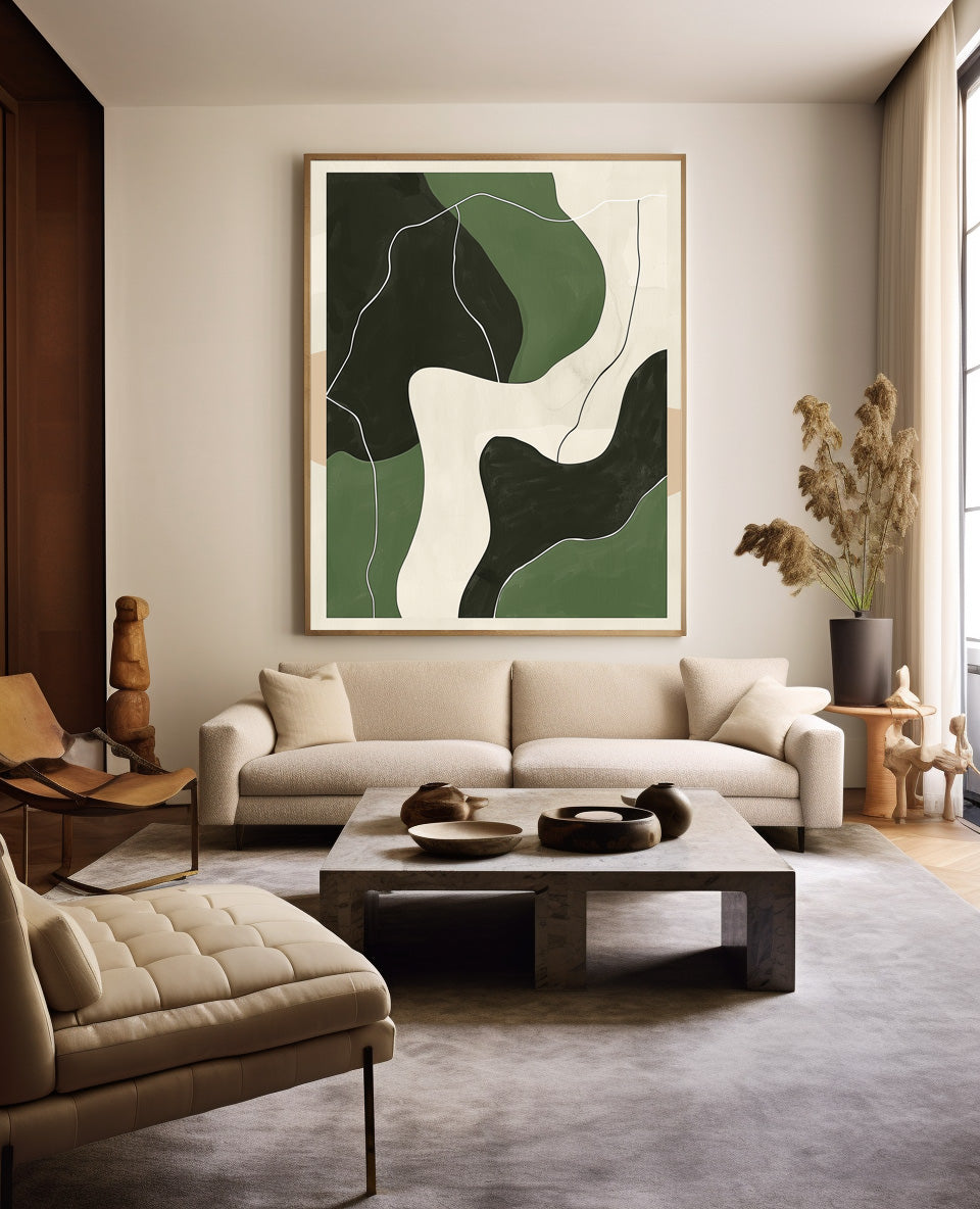 Green‑Beige‑Black Curved Contour Abstract  Layered Impasto Textured Artwork
