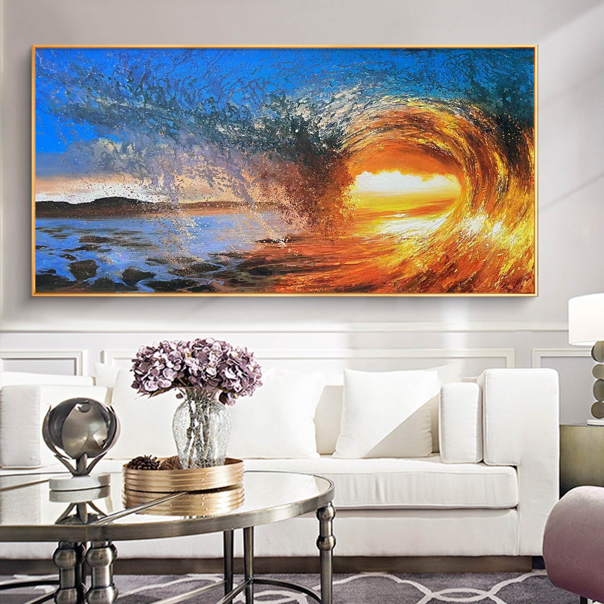 Abstract Golden Sunset Swirl Oil Acrylic Linen Canvas Painting