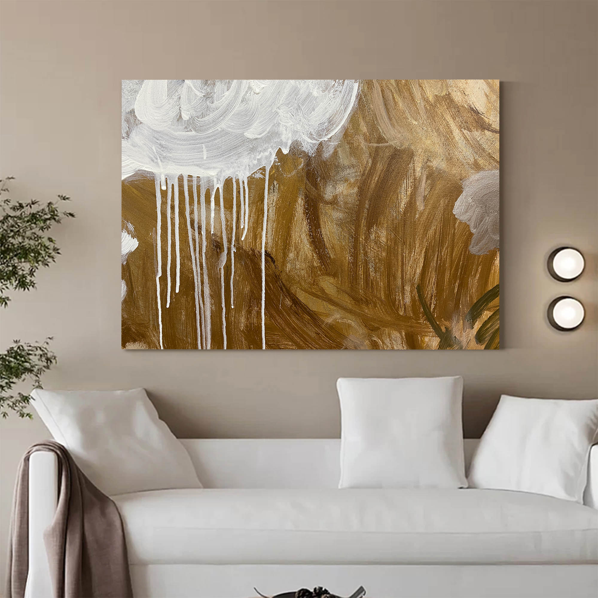 Luxury Golden Toned Dripping Paint Abstract Hanging Artwork