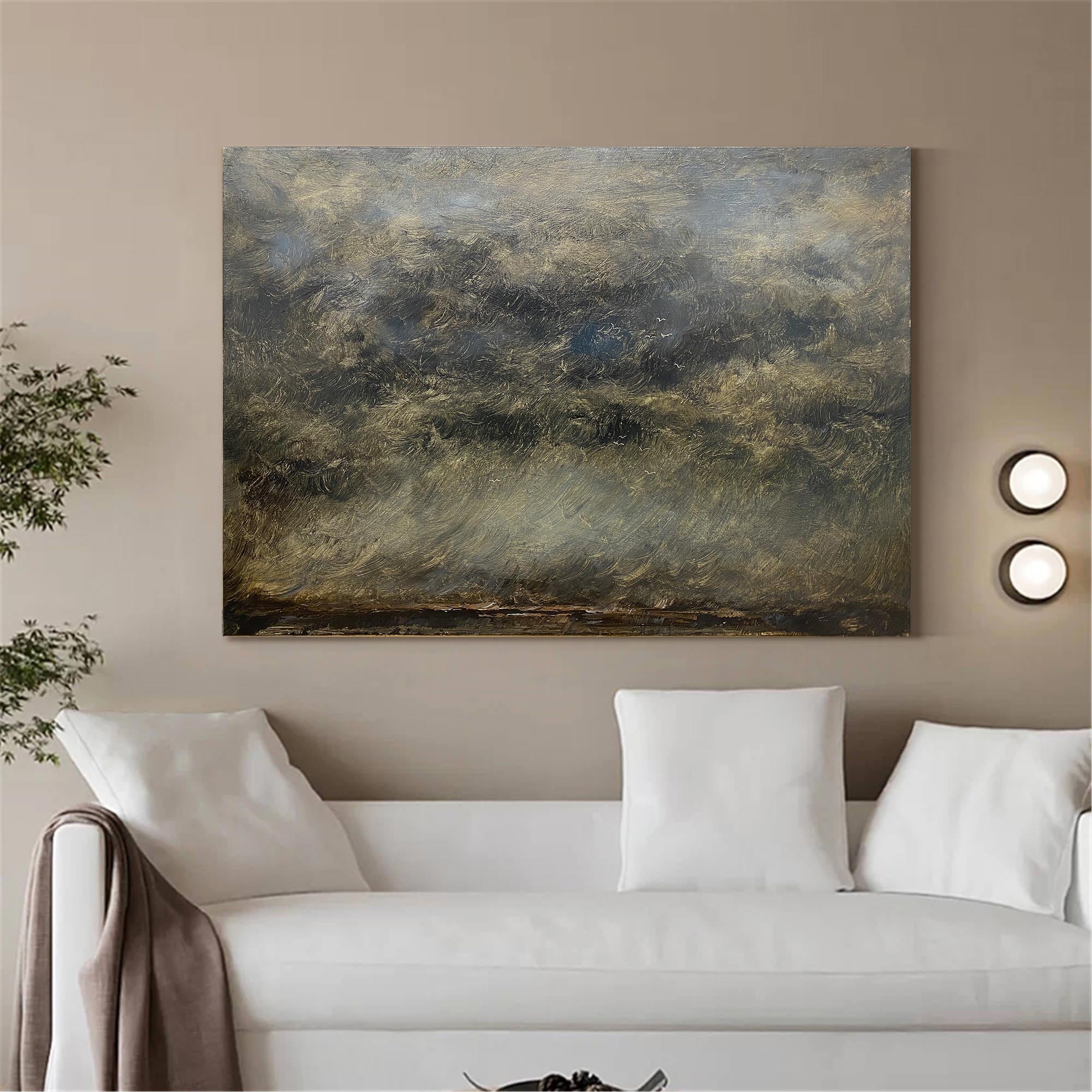 Abstract Misty Sage Green Landscape Oil Acrylic Linen Canvas Painting