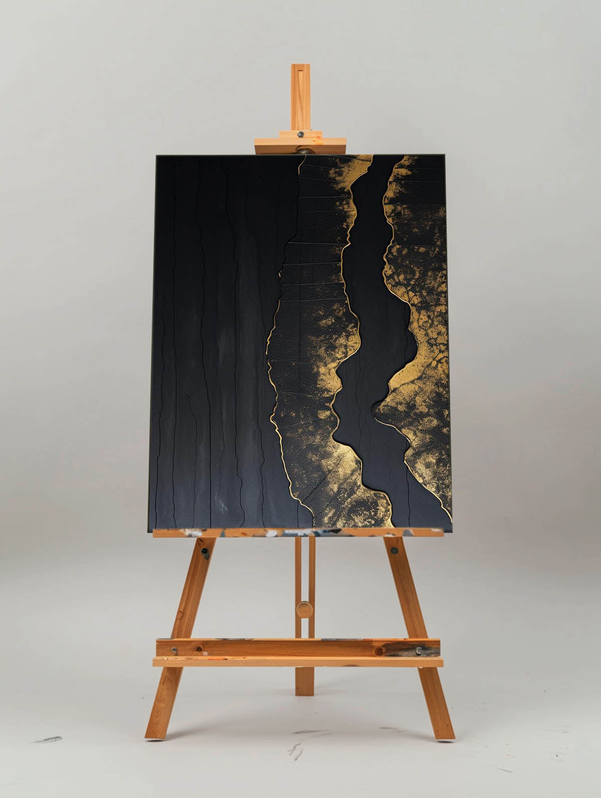 Elegant Black‑Gold Streak Abstract  Metallic‑Foil Layered Impasto Textured Artwork