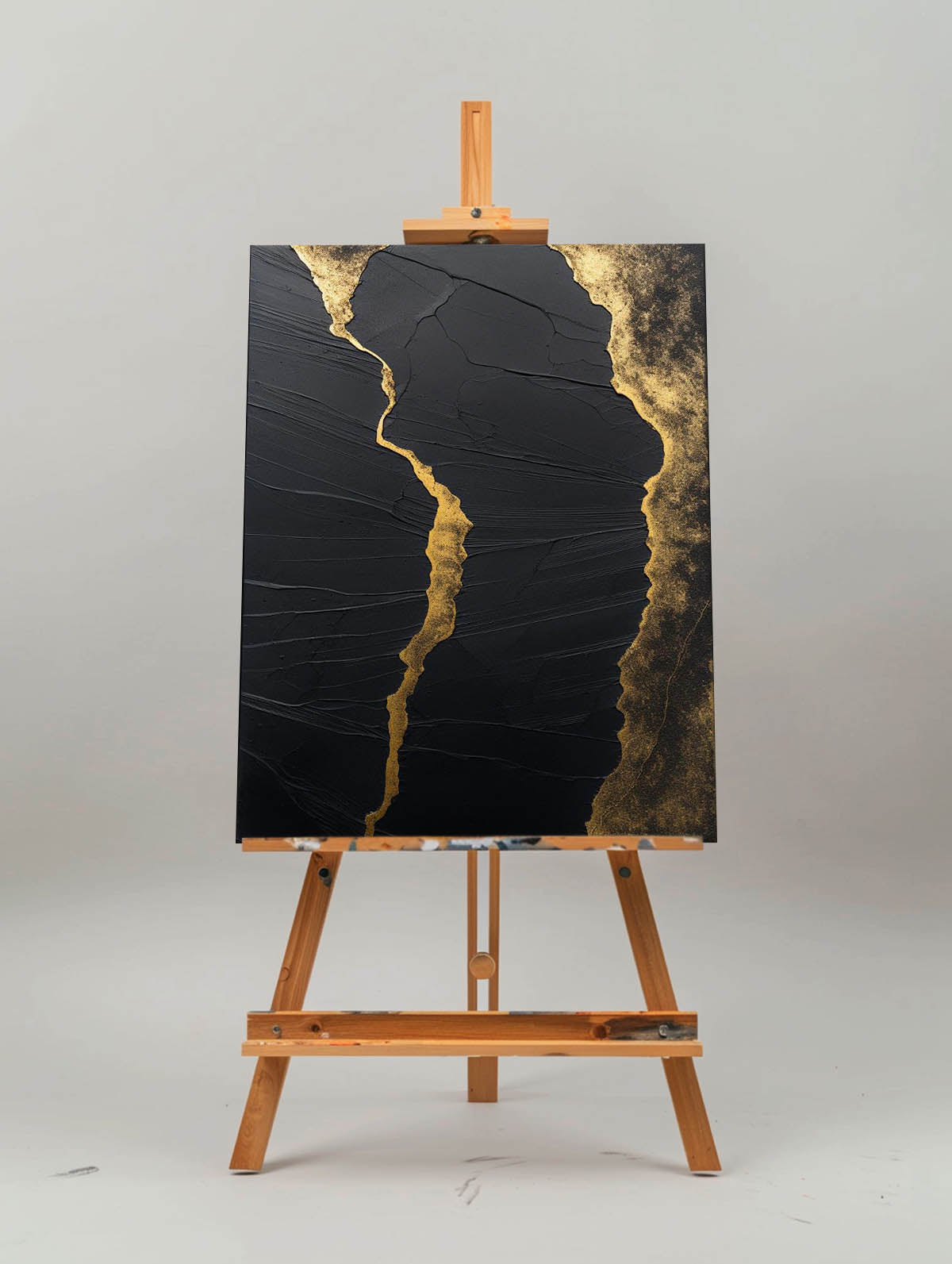 Luxury Black‑Gold Vein Abstract Heavy Impasto Metallic Textured Artwork
