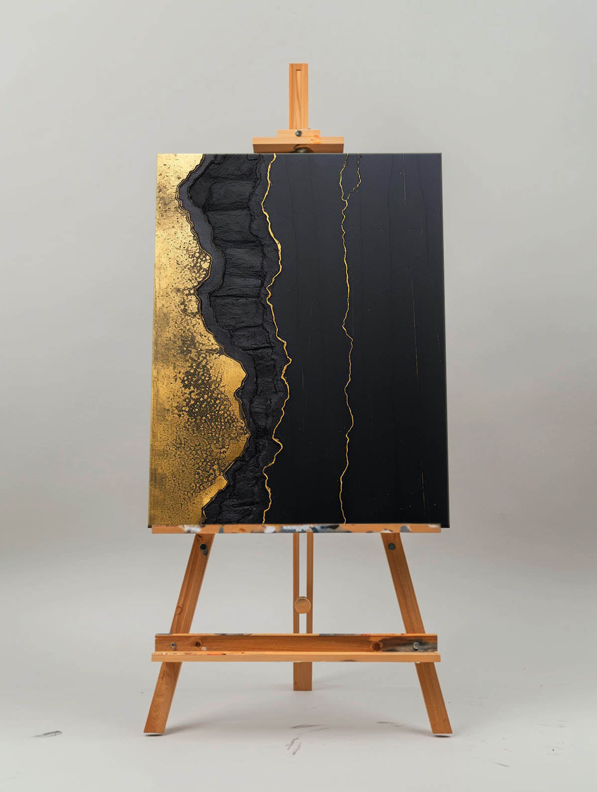 Dark Black‑Gold Foil Abstract Heavy‑Rugged Raised Tactile Textured Artwork