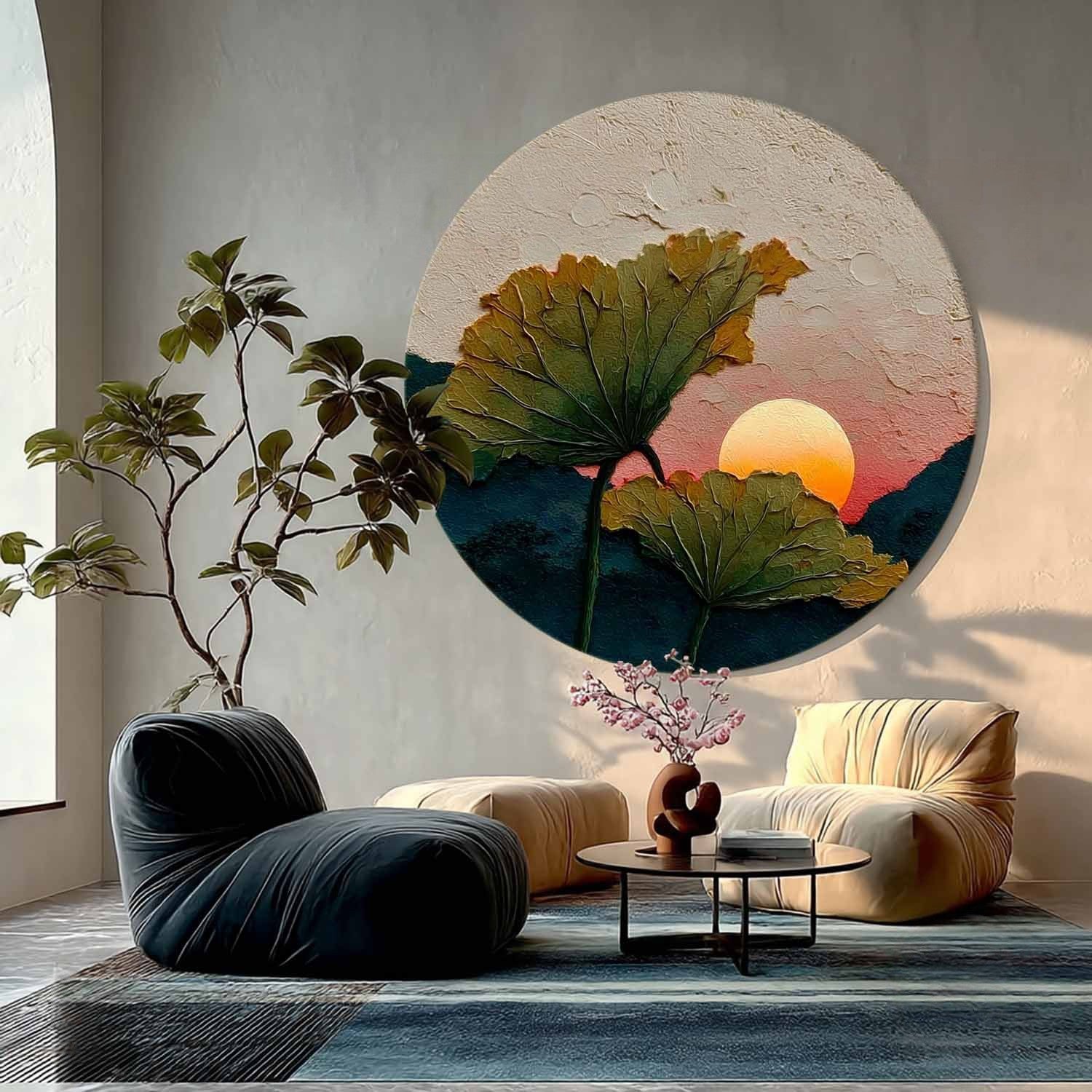 Wall Art Round Lotus Leaves Pink Sunset